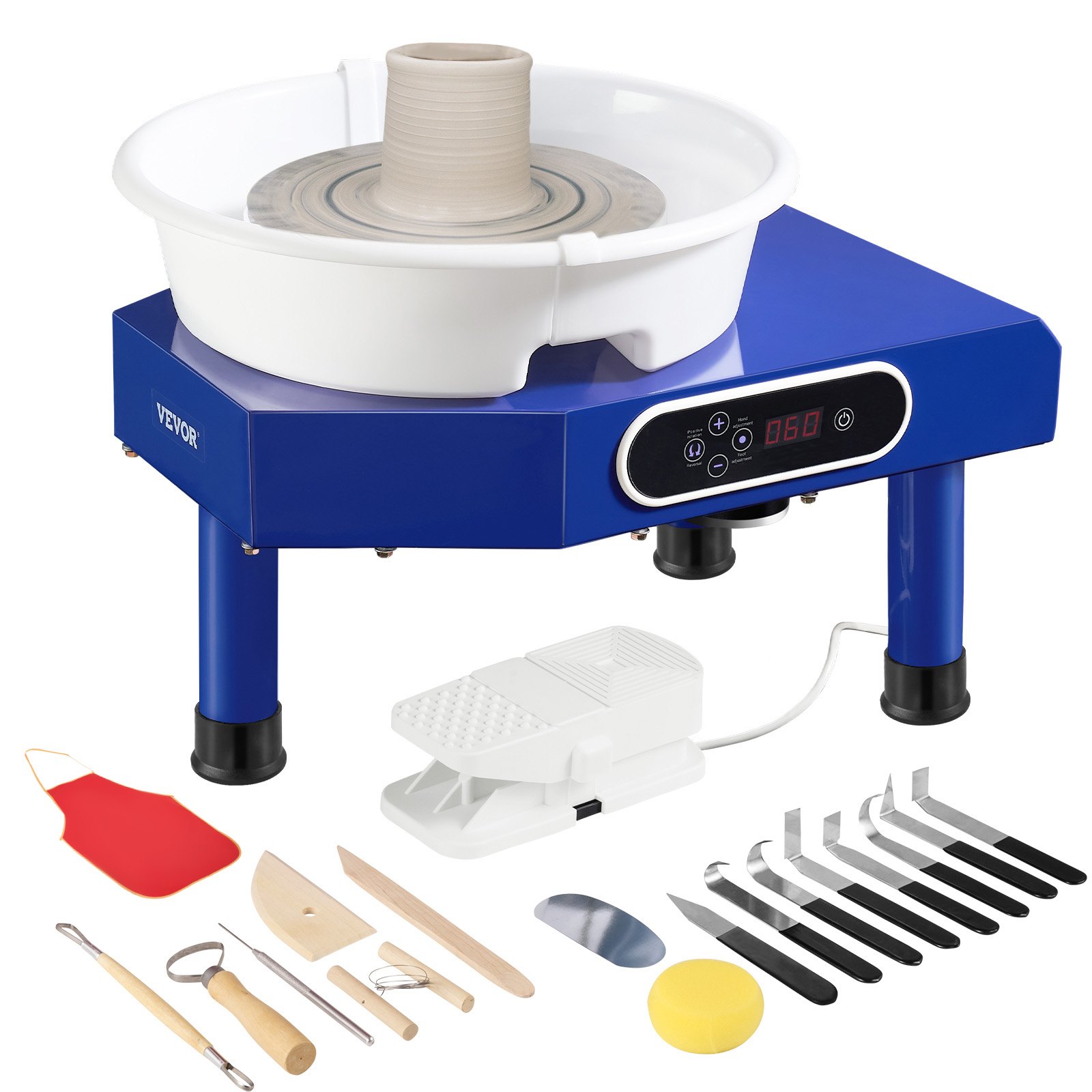 VEVOR Torno de Alfarero Placa de Aluminio 25 cm Rueda de Cerámica Eléctrica, para Manualidades, Velocidad Ajustable 60-300 RPM, Control de Pedal, Depósito Desmontable, Pantalla LCD, Kit de Accesorios