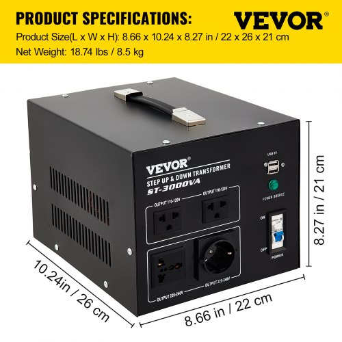 VEVOR Transformador Elevador/Reductor de Voltaje de 3000VA, Convertidor Reductor 110-120/220-240V, Convertidor de Transformador 15A para la Mayoría de los Enchufes, con 5V de USB, 22 x 26 x 21 cm
