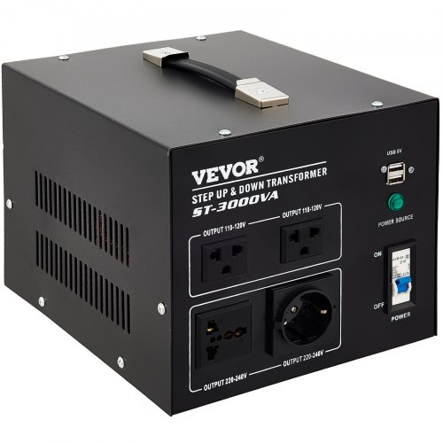 VEVOR Transformador Elevador/Reductor de Voltaje de 3000VA, Convertidor Reductor 110-120/220-240V, Convertidor de Transformador 15A para la Mayoría de los Enchufes, con 5V de USB, 22 x 26 x 21 cm