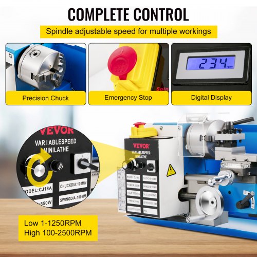 VEVOR Mini Torno de Metal 550W 7 "x14 " 0-2500 RPM Fresadora de Metal Hilo en Pulgadas 12-52 TPI Rosca Métrica 0,5-2,5 mm Torno de Trabajo de Metal para Metales Blandos, Aluminio, Cobre, el Vidrio