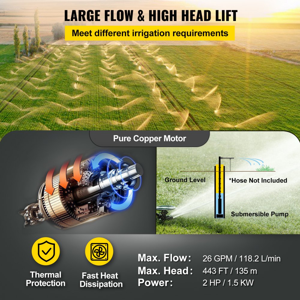 VEVOR Bomba de Pozo Profundo Motor de 1,5KW Bomba Sumergible para Pozo 220V 50Hz Bomba de Agua Sumergible para Pozos Flujo Máximo de 118,2 L/min Bomba para Pozos para Tierras de Cultivo Fábricas Minas