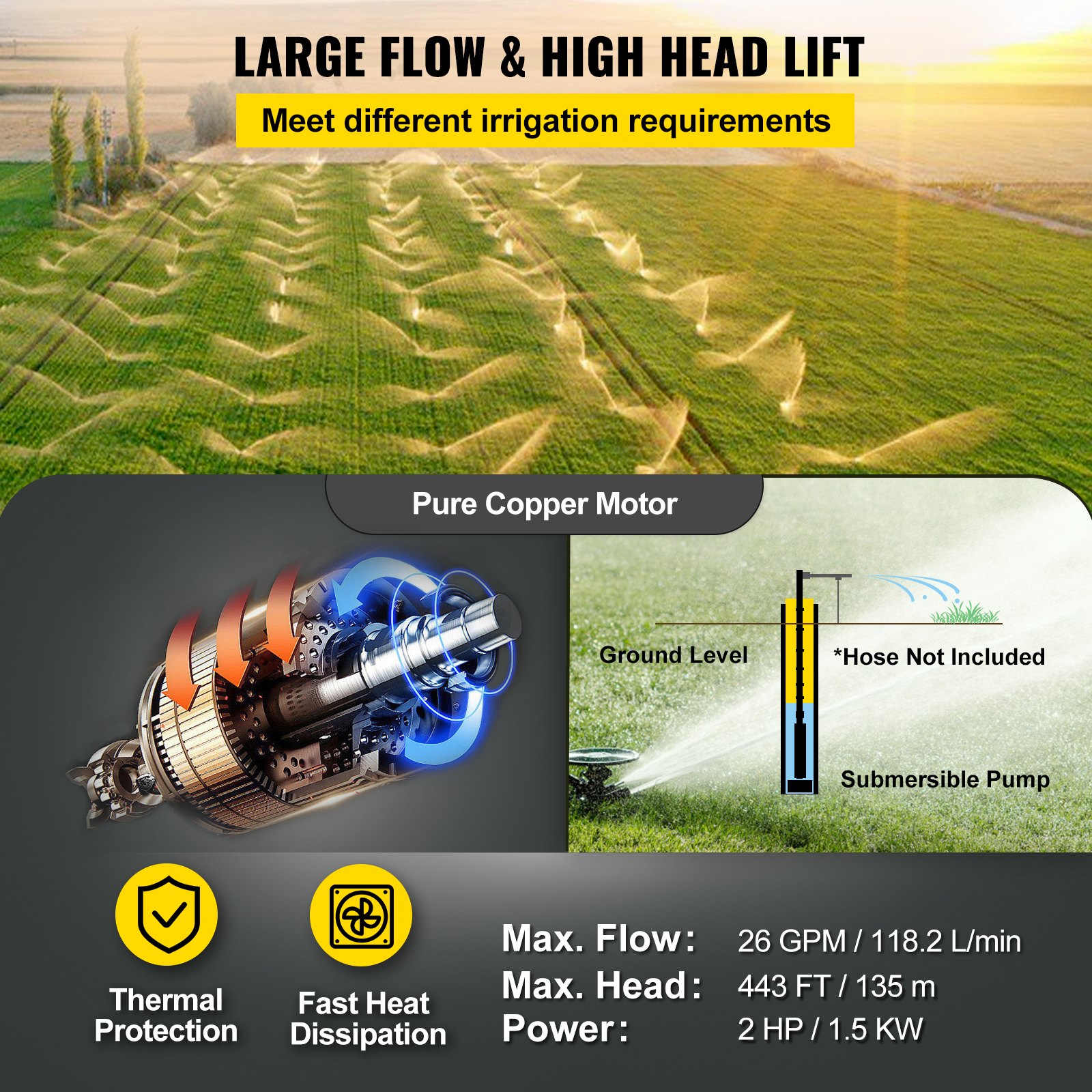 VEVOR Bomba de Pozo Profundo Motor de 1,5KW Bomba Sumergible para Pozo 220V 50Hz Bomba de Agua Sumergible para Pozos Flujo Máximo de 118,2 L/min Bomba para Pozos para Tierras de Cultivo Fábricas Minas