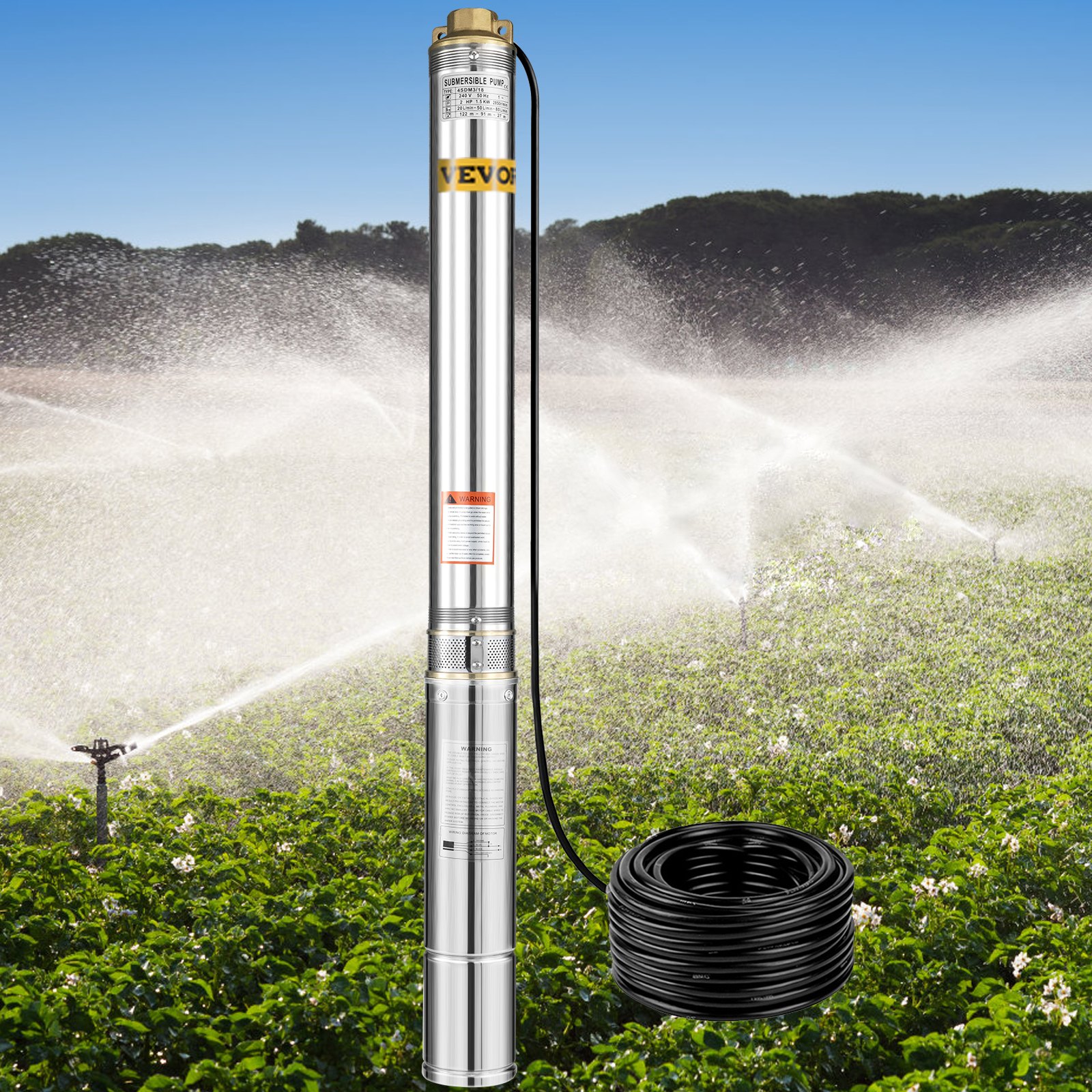 VEVOR Bomba de Pozo Profundo Motor de 1,5KW Bomba Sumergible para Pozo 220V 50Hz Bomba de Agua Sumergible para Pozos Flujo Máximo de 118,2 L/min Bomba para Pozos para Tierras de Cultivo Fábricas Minas