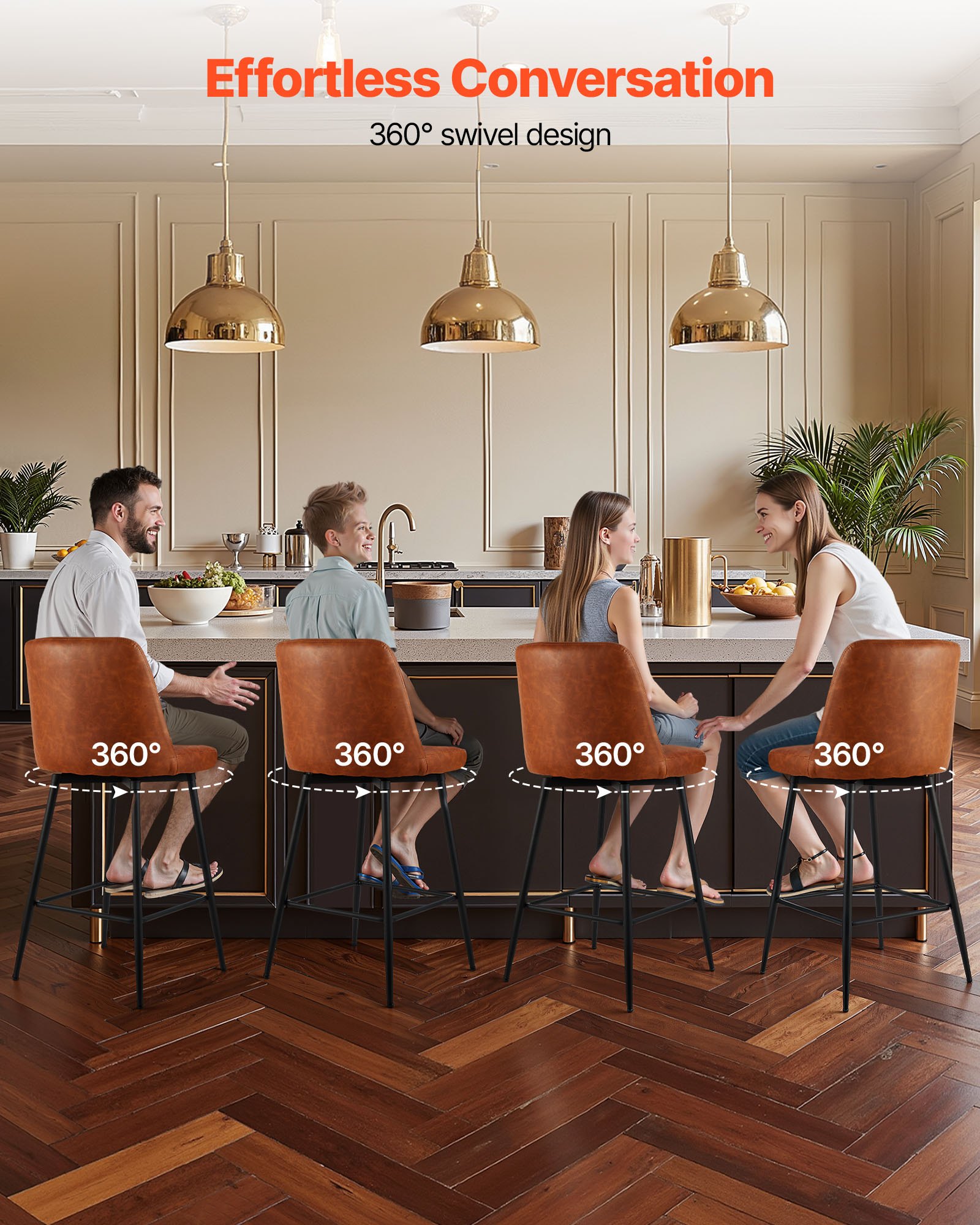 VEVOR Bar Stool Set of 2, 69cm Counter Height Swivel Stools, Modern PU Leather Counter Barstool with Backrest and Metal Legs, Armless Bar Chair, Island Barstool for Kitchen, Dining Room, Brown