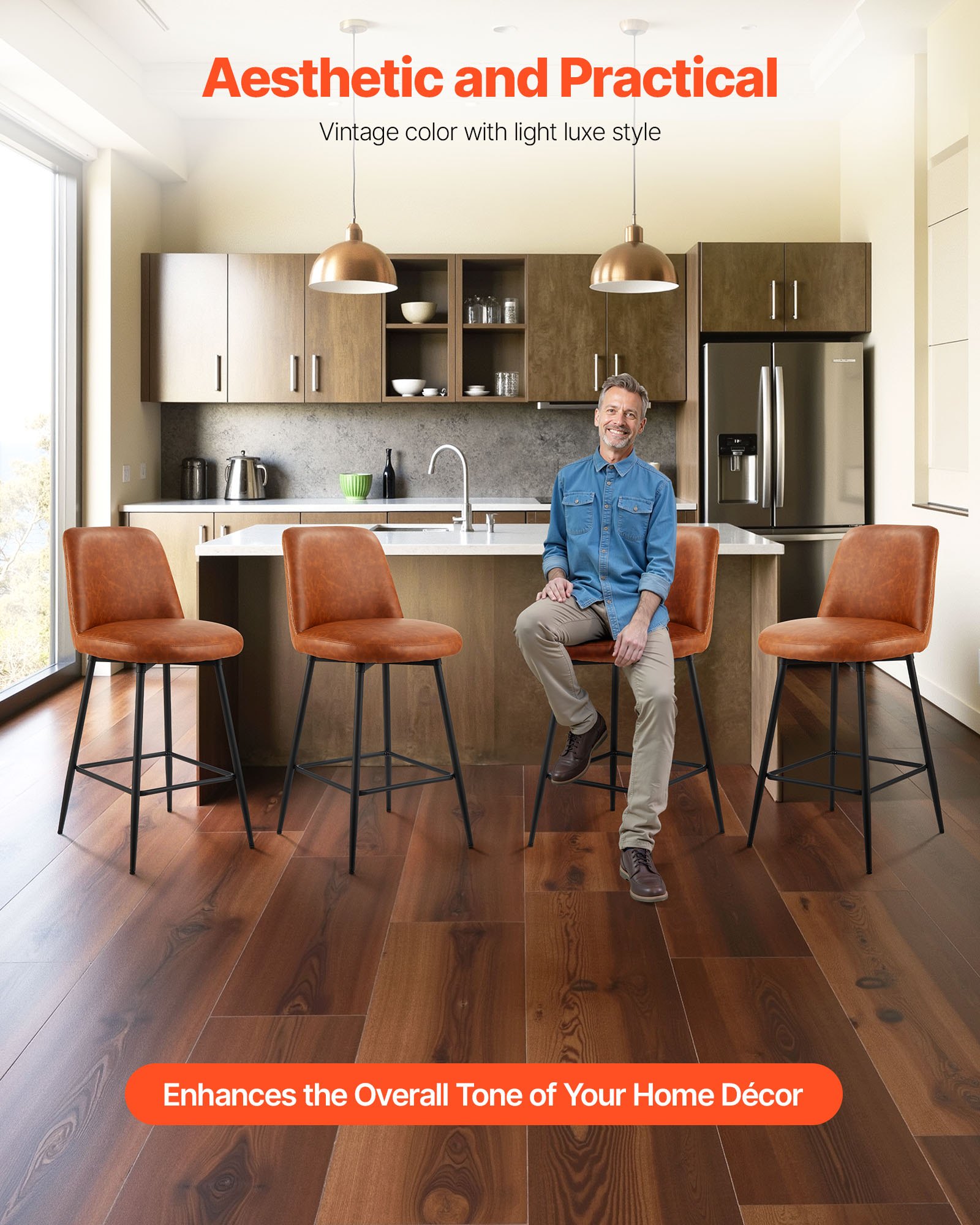 VEVOR Bar Stool Set of 3, 69cm Counter Height Swivel Stools, Modern PU Leather Counter Barstool with Backrest and Metal Legs, Armless Bar Chair, Island Barstool for Kitchen, Dining Room, Brown