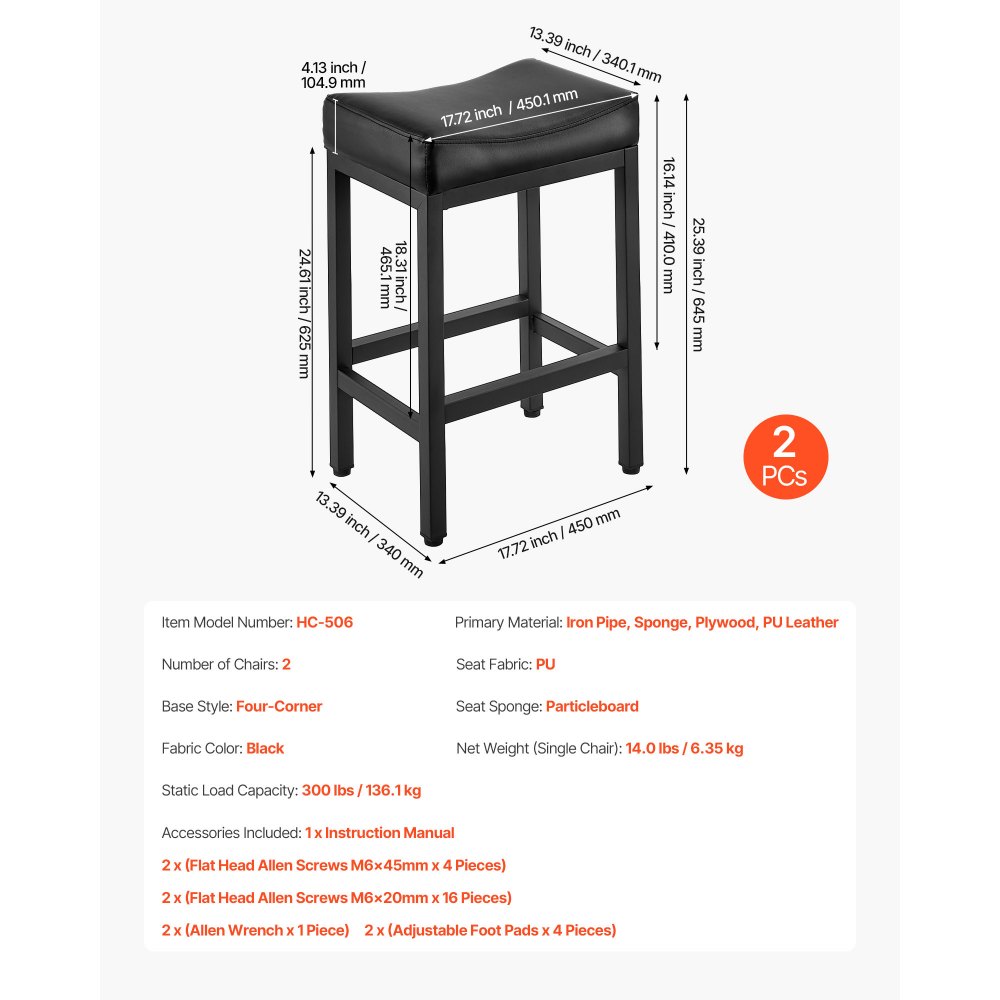 VEVOR Taburetes de Bar Rectangular de Piel Sintética, con Asiento Acolchado y Patas de Metal, Capacidad Carga 136,1 kg, para Comedor, Bar, Mostrador, Cafetería, Negro, 450 x 340 x 645 mm, 2 uds