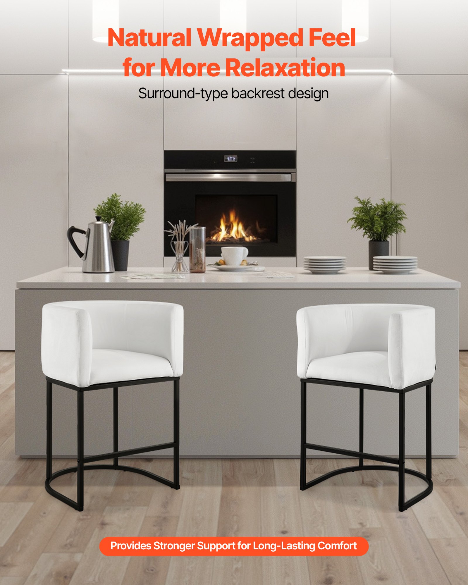 VEVOR Taburetes de Bar, Silla de Cocina con Respaldo, Reposabrazos, Estructura de Metal y Reposapiés, Carga 158,8 kg, para Cocina, Comedor, Barra de Mostrador, Blanco, 565 x 515 x 870 mm, 3 uds