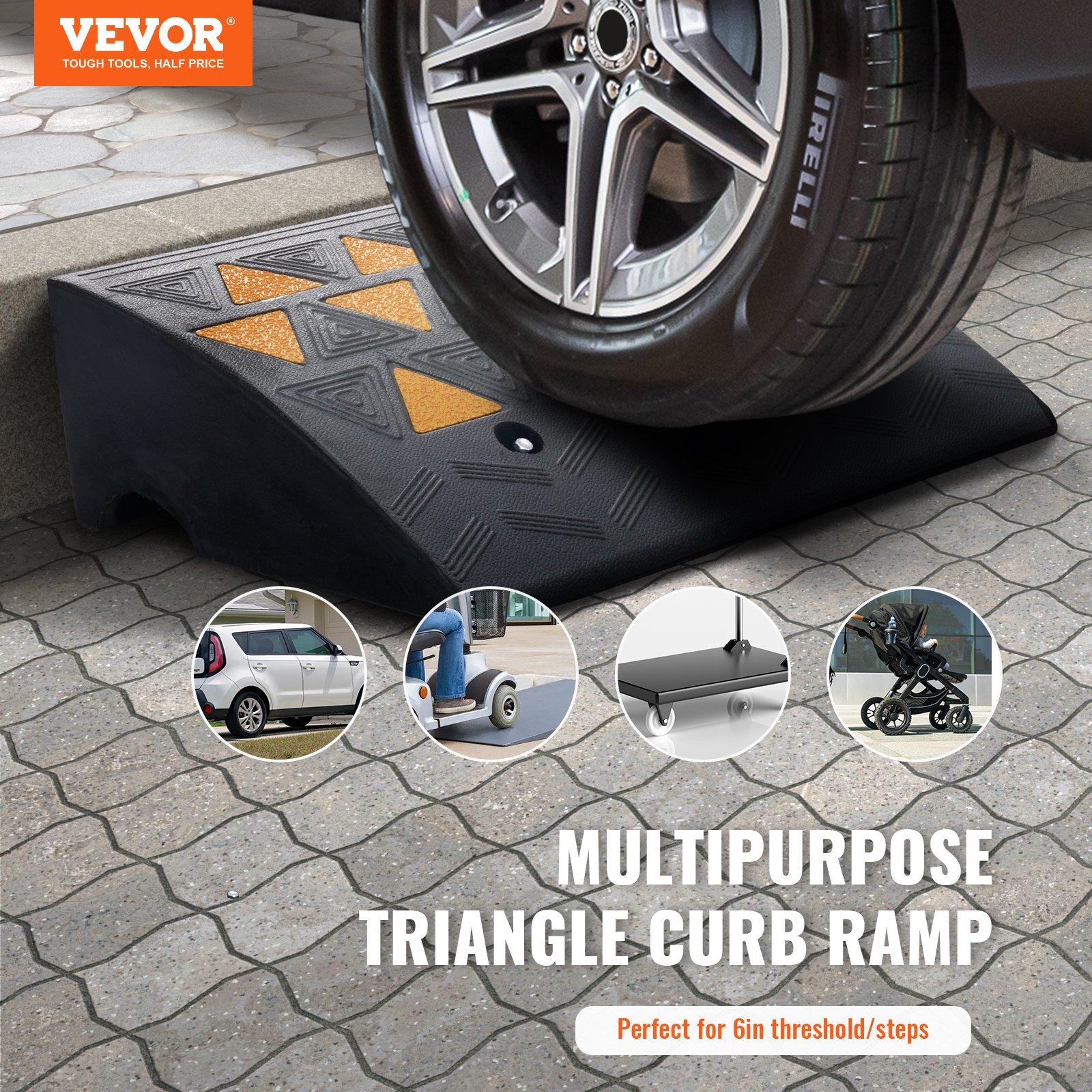 VEVOR 1x Threshold Ramp Solid Rubber Door Threshold Ramp Max. Load Capacity up to 15 tons Curb Ramp 49.1x37x15.2cm Wheelchair Ramp Access Ramp Rubber Ramp Suitable for uneven ground and curbs