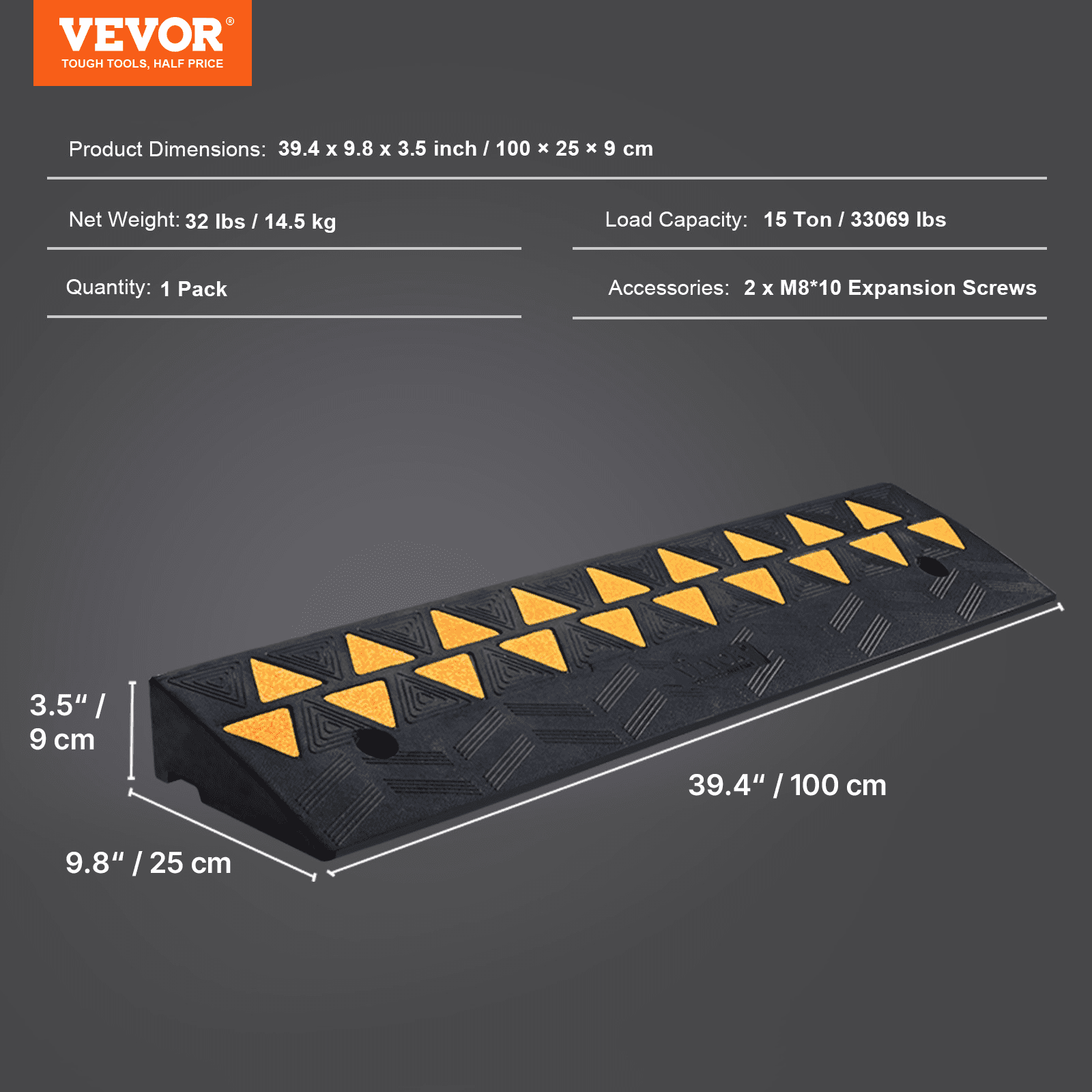 VEVOR Threshold Ramp, Solid Rubber, Door Threshold Ramp, Max. Load Capacity up to 15 Tons, Curb Ramp, 100x25x9.4cm, Wheelchair Ramp, Access Ramp, Rubber Ramp, Suitable for Uneven Ground and Curbs