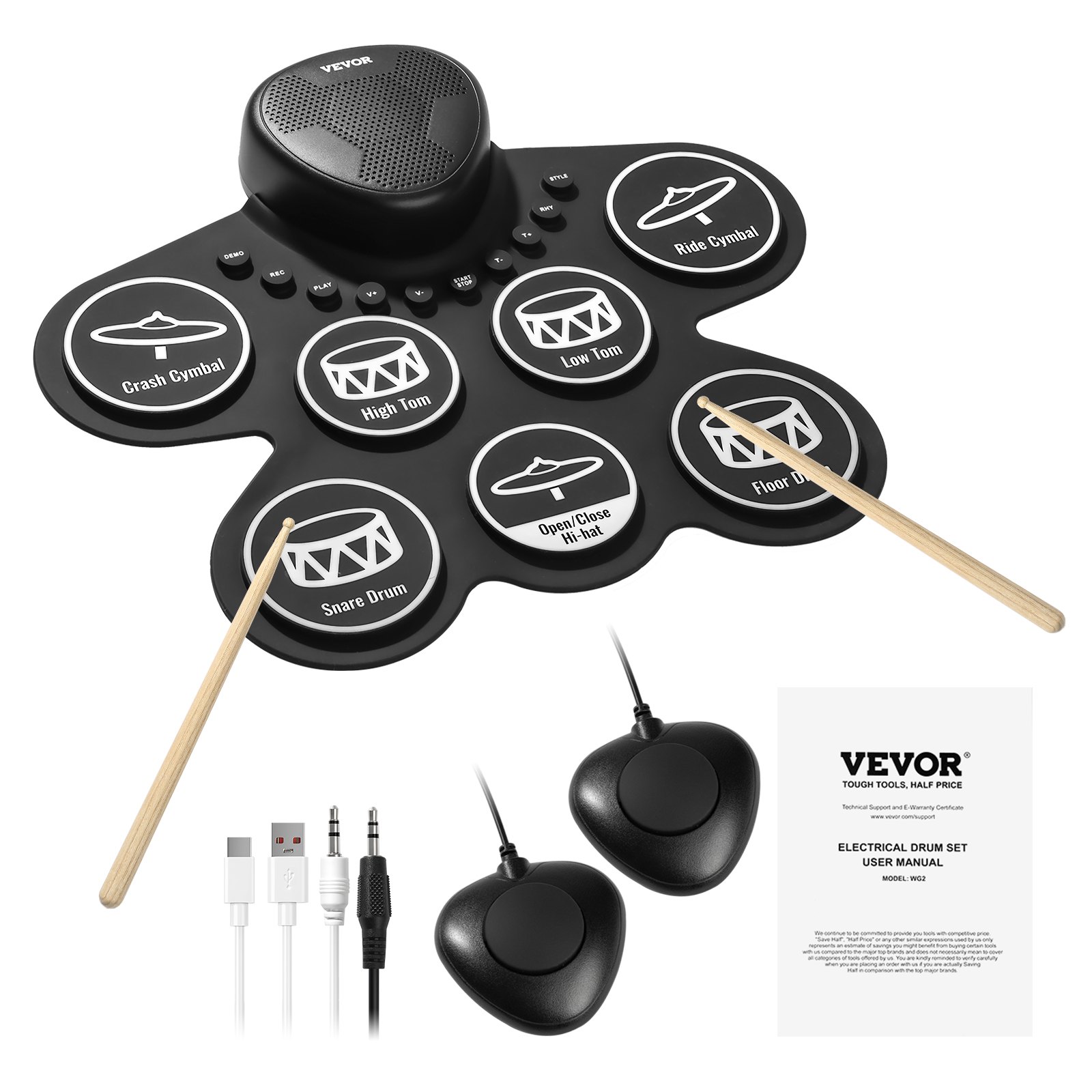 VEVOR 7-Pad Electronic Drum Kit, Roll-Up E-Drum Set with Headphone Jack, Two Foot Pedals, Two Drumsticks, Speakers, MIDI, Instrumental Toy for Children Ages 3 and Up, Black