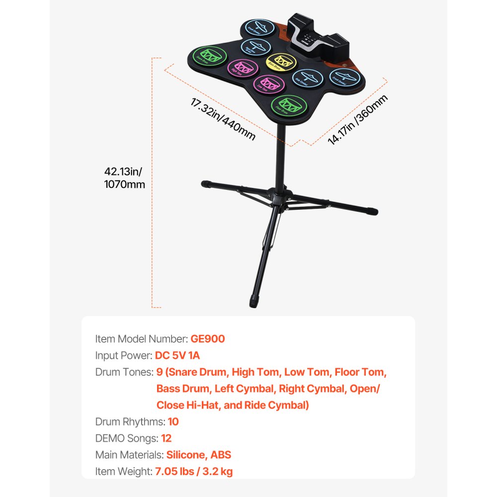 VEVOR E Drum, 9 Pads, Electronic Drum Set with Headphone Jack, Stand, Double Pedals, Light-Up Drumsticks, Integrated Dual Speakers, Toy Instrument for Children Ages 5 and Up