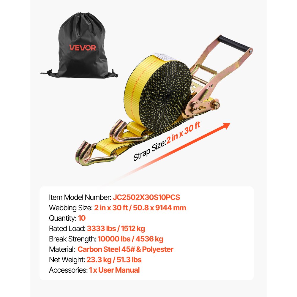 VEVOR Correas de Trinquete, 50,8 mm x 9,1 m, con Gancho Doble en J, Resistencia a la Rotura de 4536 kg, para Mudanzas, Remolques, Motocicletas, Kayaks, Techo de Automóviles, Paquete de 10 uds