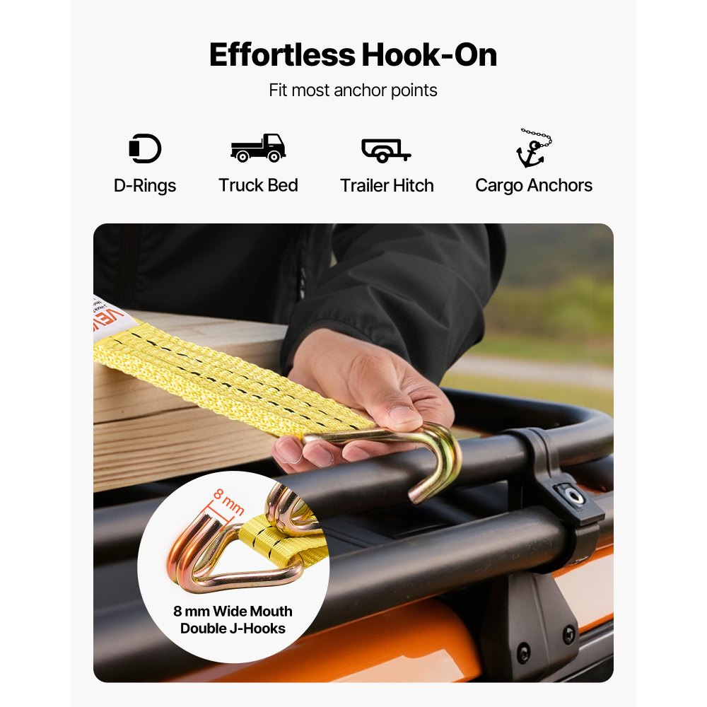 VEVOR Ratchet Straps, 38.1 mm x 6.1 m, Heavy Duty Tie Down Straps with Double J Hook, 2000 kg Break Strength, Carry Bag, Tie Down Ratcheting for Moving, Trailers, Motorcycles, Kayaks, Car Roof, 4 Pack