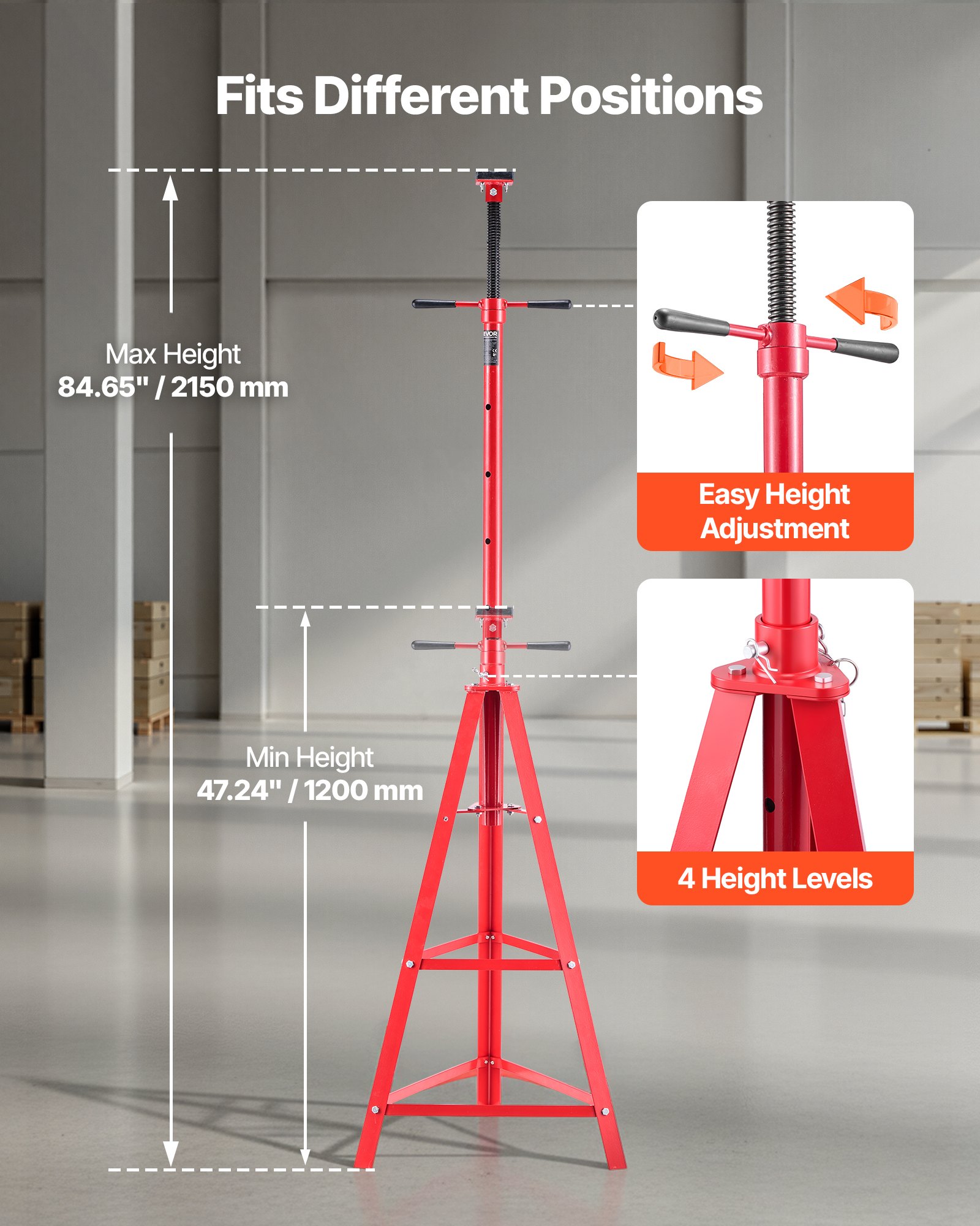 VEVOR Soporte de Elevación Inferior Capacidad de 2 t, Soporte para Debajo del Polipasto Elevación de 120-215 cm, Altura Ajustable en 4 Niveles, Acero al Carbono de Alta Resistencia para Garajes