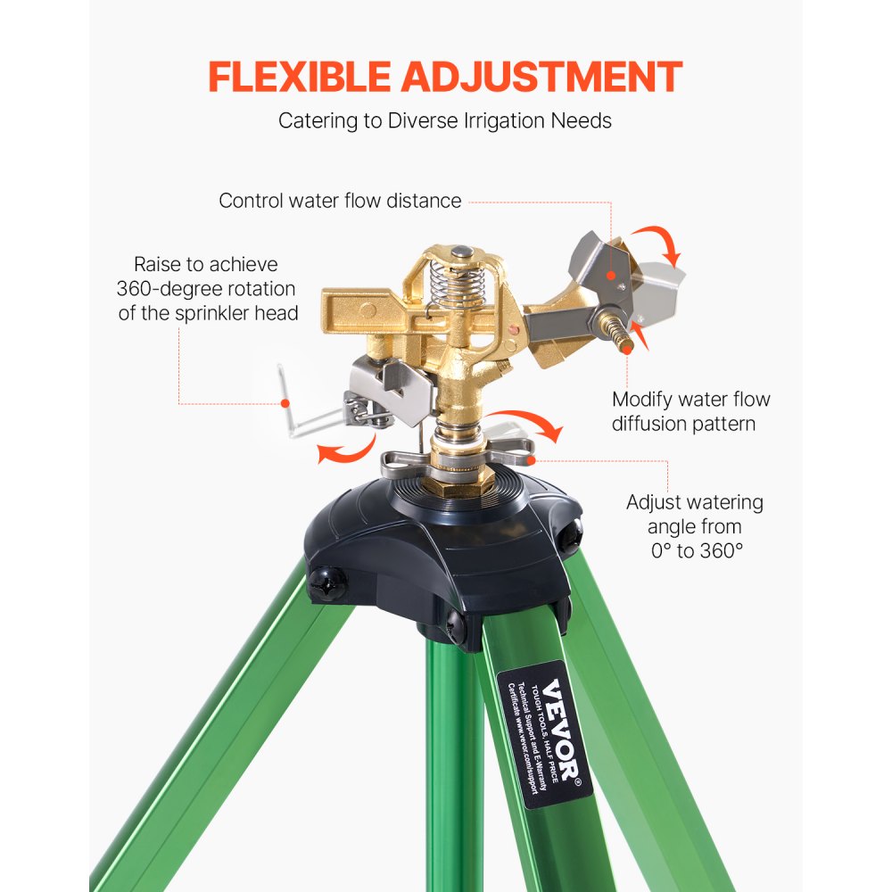 VEVOR Aspersor de Impacto con Base de Trípode 2 Piezas, de Alta Resistencia, con Cabezal de Latón y Conector G3/4 pulgada, 360 Grados para Riego de Areas Grandes y Altura Ajustable para Jardín