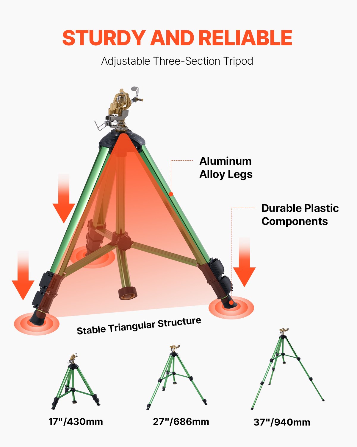 VEVOR Aspersor de Impacto con Base de Trípode 2 Piezas, de Alta Resistencia, con Cabezal de Latón y Conector G3/4 pulgada, 360 Grados para Riego de Areas Grandes y Altura Ajustable para Jardín