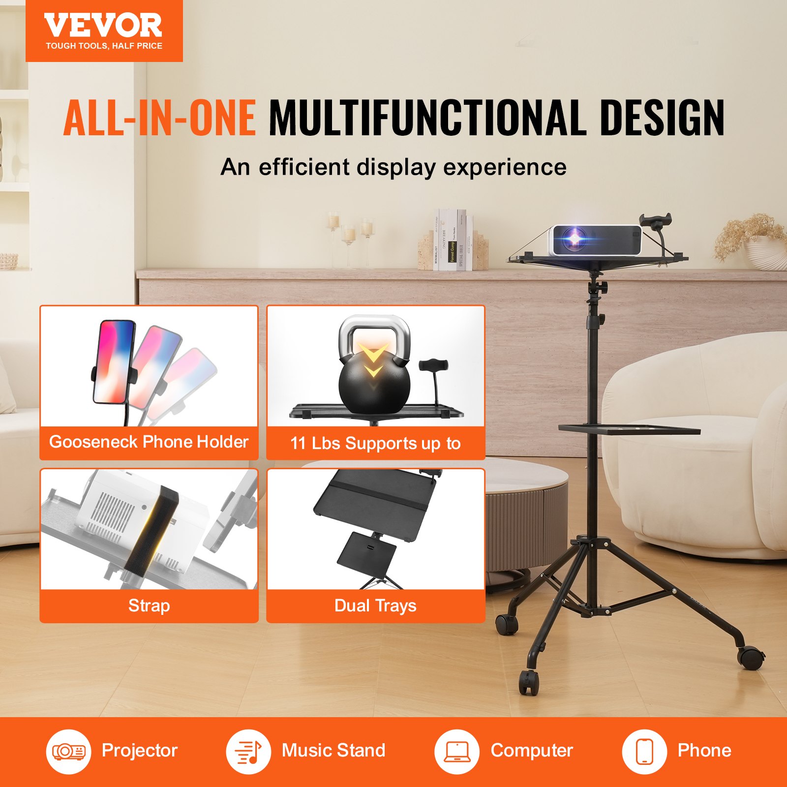 VEVOR Projector Stand with Wheels, Laptop Stand Tripod, Height Adjustable from 795 to 1710 mm, Projector Tripod Stand with 2 Shelves & Gooseneck Phone Holder, for Outdoor/Office/Studio, Home