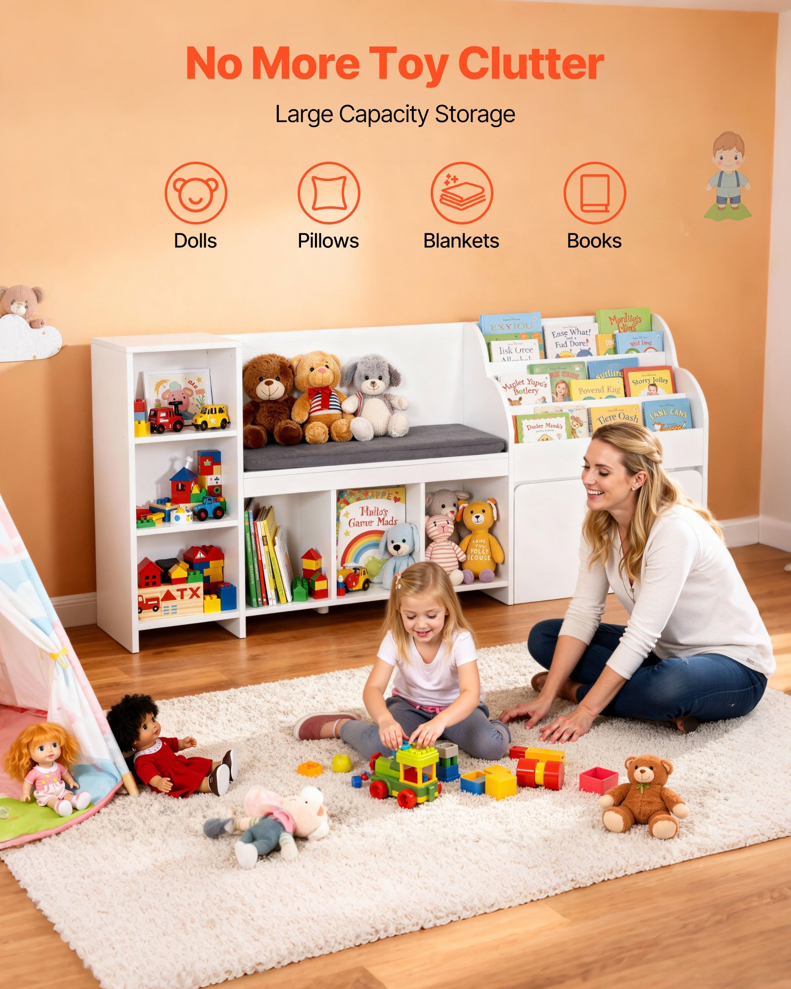 VEVOR Estantería Infantil con Banco, Respaldo, Librero y Organizador de Juguetes, Tablero de Partículas, Baúl de Almacenaje para Juguetes, para Sala de Juegos, Salón o Entrada, 170 x 40 x 80 cm