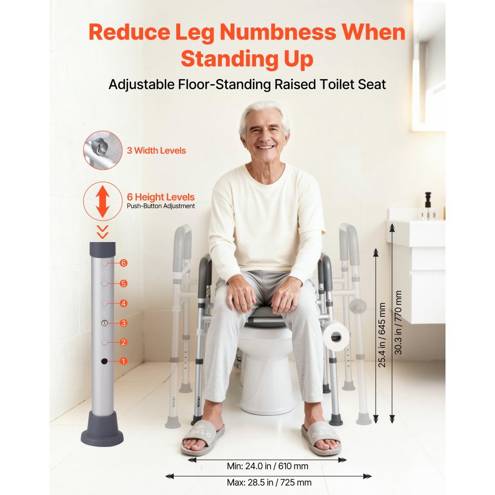 VEVOR Elevador de Inodoro, Altura y Anchura Ajustables 69-79 cm/52-62 cm, con Reposabrazos, Capacidad de Peso de 181 kg y 4 Patas, para Personas Mayores, Personas con Discapacidad y Embarazadas