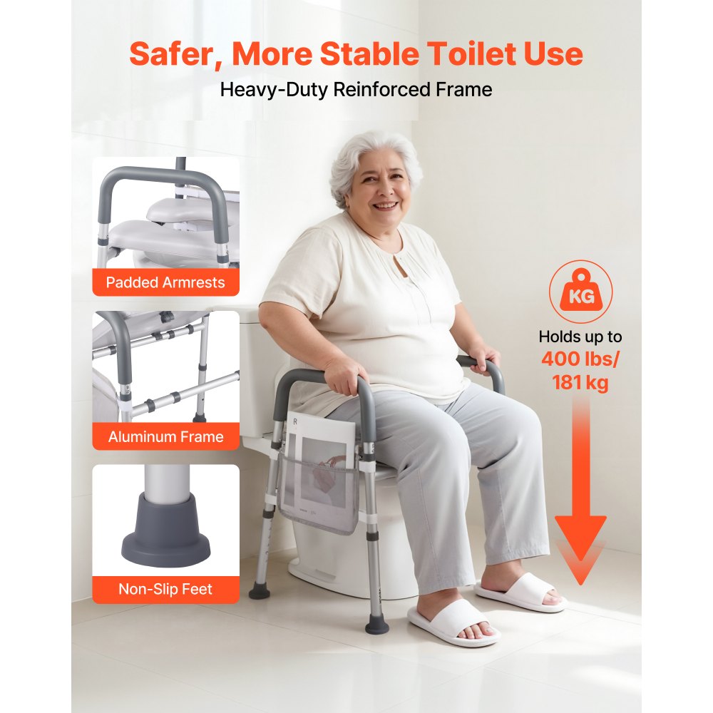 VEVOR Elevador de Inodoro, Altura y Anchura Ajustables 69-79 cm/52-62 cm, con Reposabrazos, Capacidad de Peso de 181 kg y 4 Patas, para Personas Mayores, Personas con Discapacidad y Embarazadas