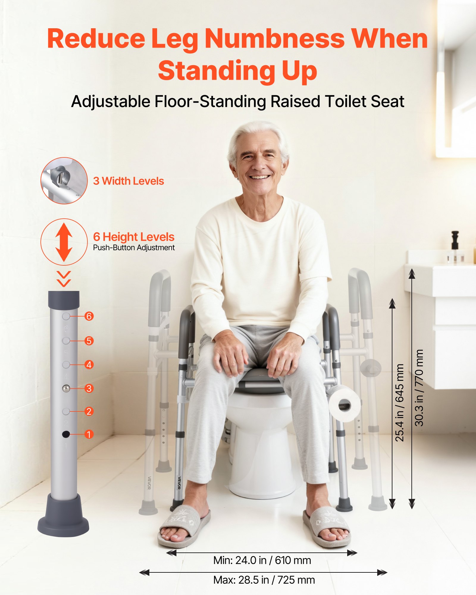 VEVOR Elevador de Inodoro, Altura y Anchura Ajustables 69-79 cm/52-62 cm, con Reposabrazos, Capacidad de Peso de 181 kg y 4 Patas, para Personas Mayores, Personas con Discapacidad y Embarazadas