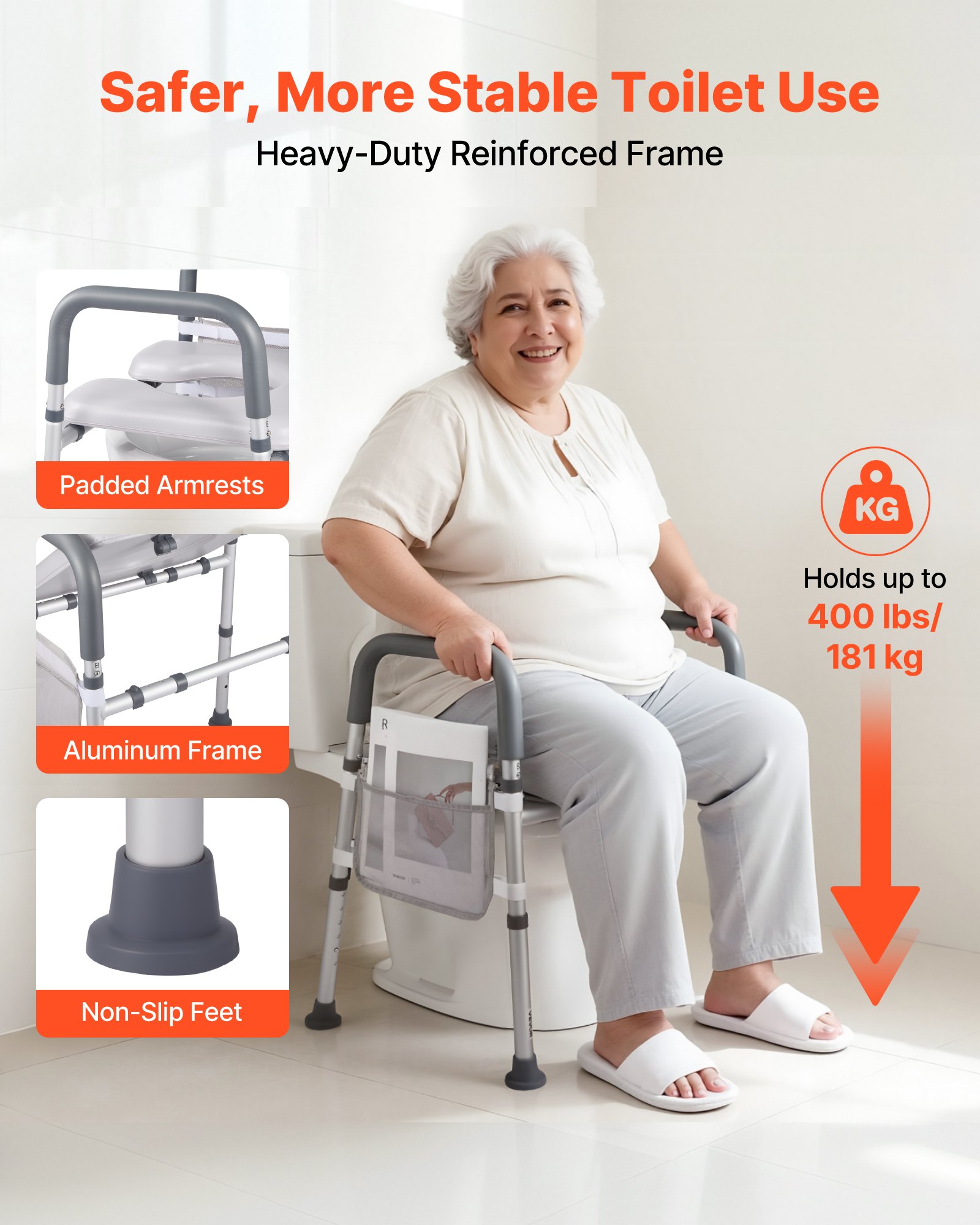 VEVOR Elevador de Inodoro, Altura y Anchura Ajustables 69-79 cm/52-62 cm, con Reposabrazos, Capacidad de Peso de 181 kg y 4 Patas, para Personas Mayores, Personas con Discapacidad y Embarazadas