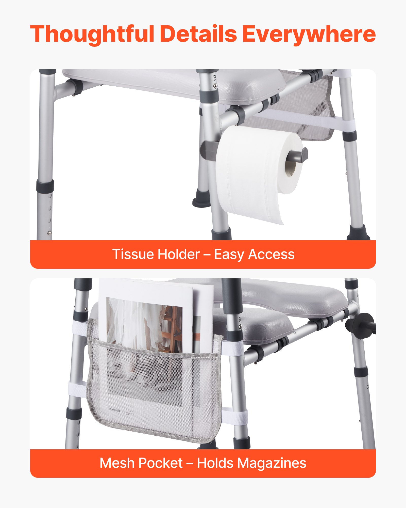 VEVOR Elevador de Inodoro, Altura y Anchura Ajustables 69-79 cm/52-62 cm, con Reposabrazos, Capacidad de Peso de 181 kg y 4 Patas, para Personas Mayores, Personas con Discapacidad y Embarazadas
