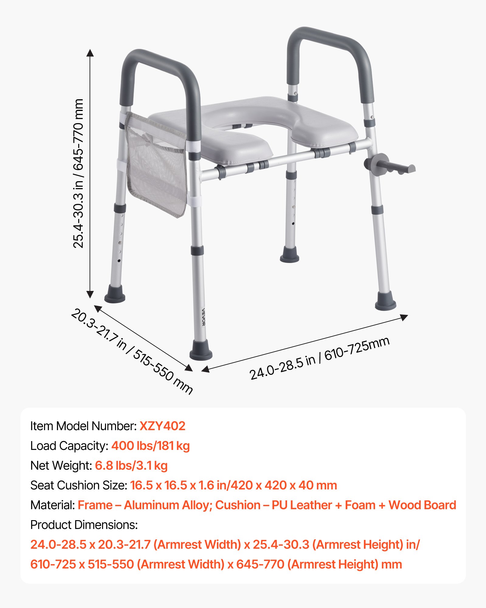 VEVOR Elevador de Inodoro, Altura y Anchura Ajustables 69-79 cm/52-62 cm, con Reposabrazos, Capacidad de Peso de 181 kg y 4 Patas, para Personas Mayores, Personas con Discapacidad y Embarazadas