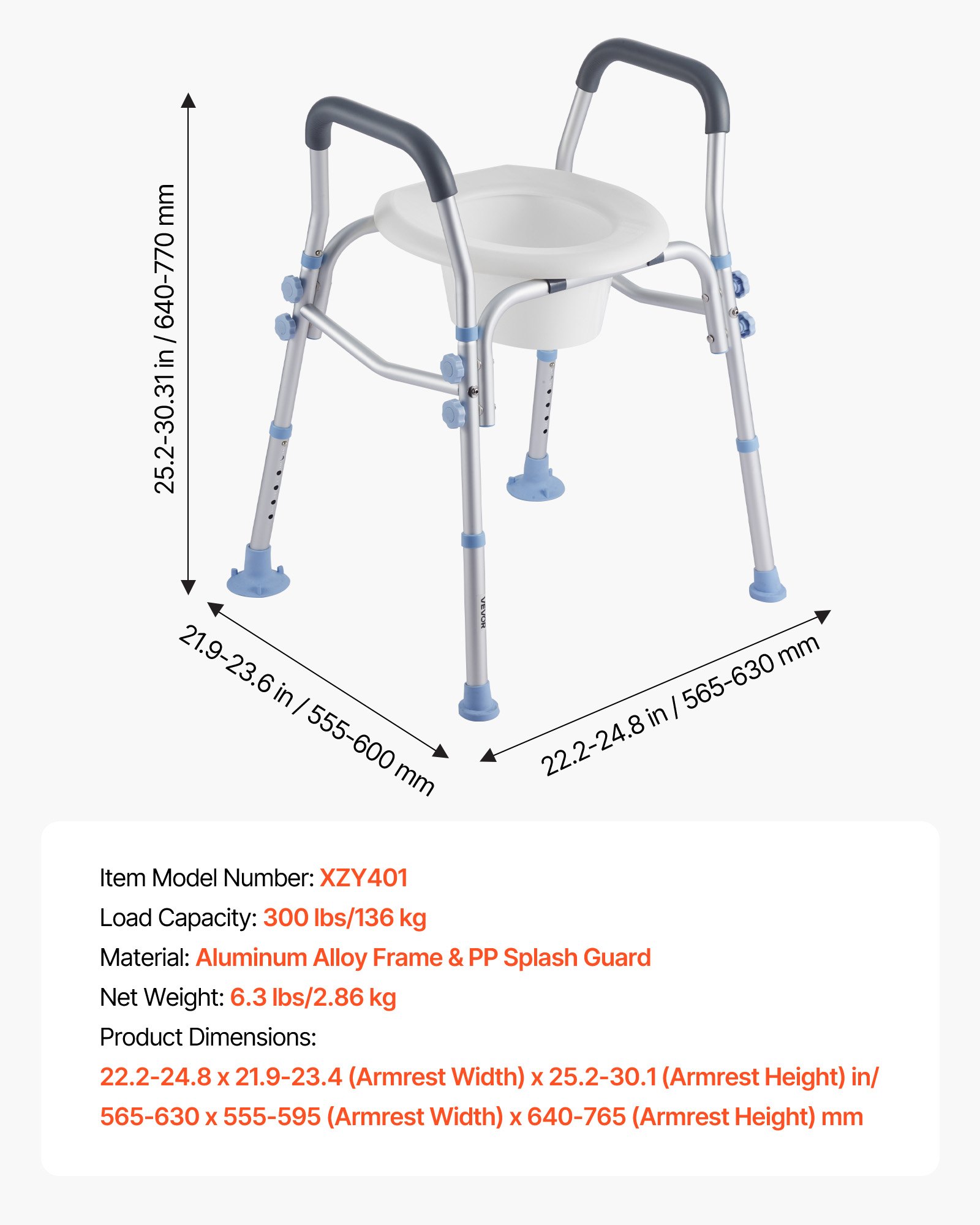 VEVOR Elevador de Inodoro, con Reposabrazos, Capacidad de Peso de 136 kg y Cuatro Patas, Altura Ajustable de 640 a 770 mm, y Protección contra Salpicaduras para Personas Mayores y Embarazadas