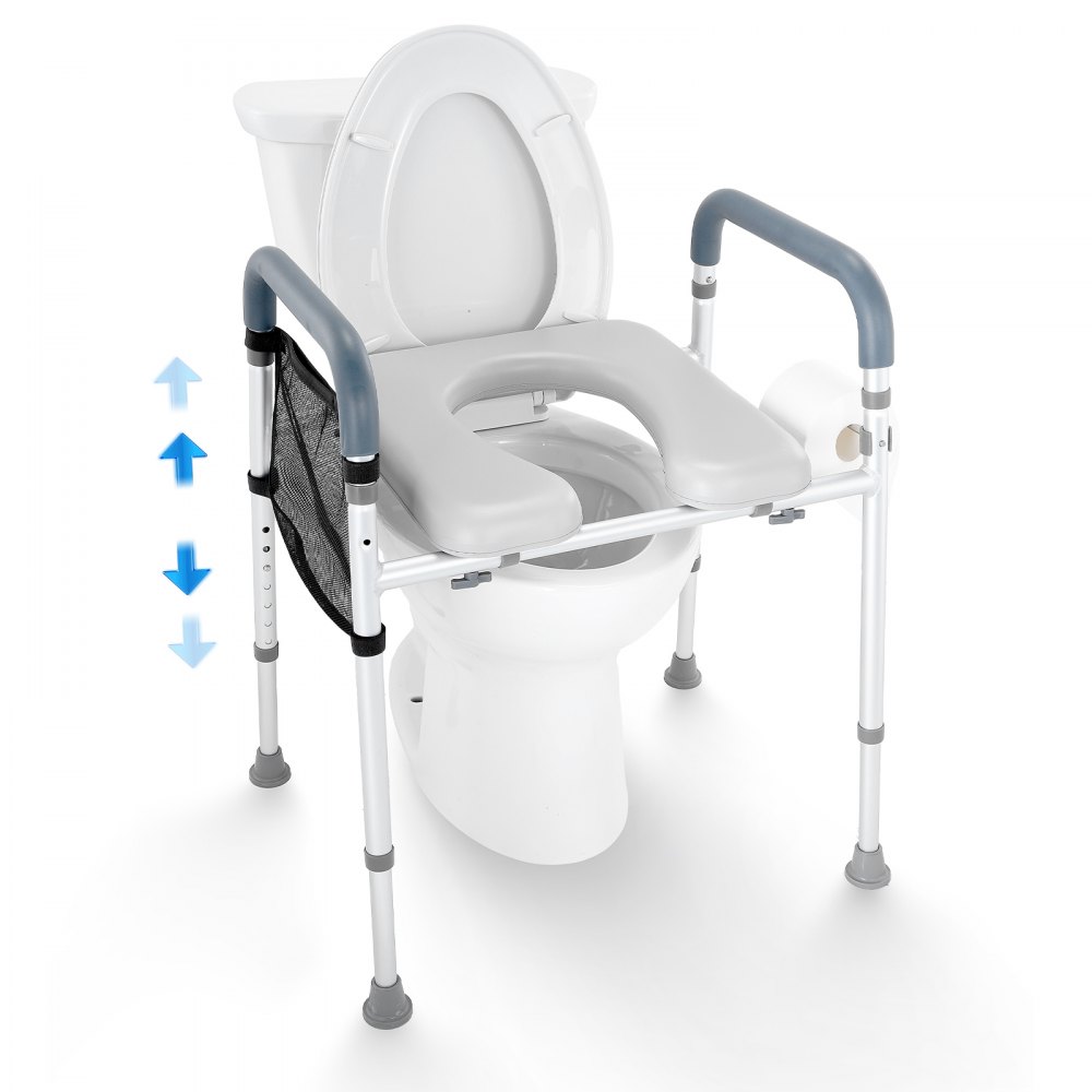 Asiento de inodoro elevado VEVOR con altura ajustable y asas acolchadas para asistencia a personas mayores y discapacitadas.