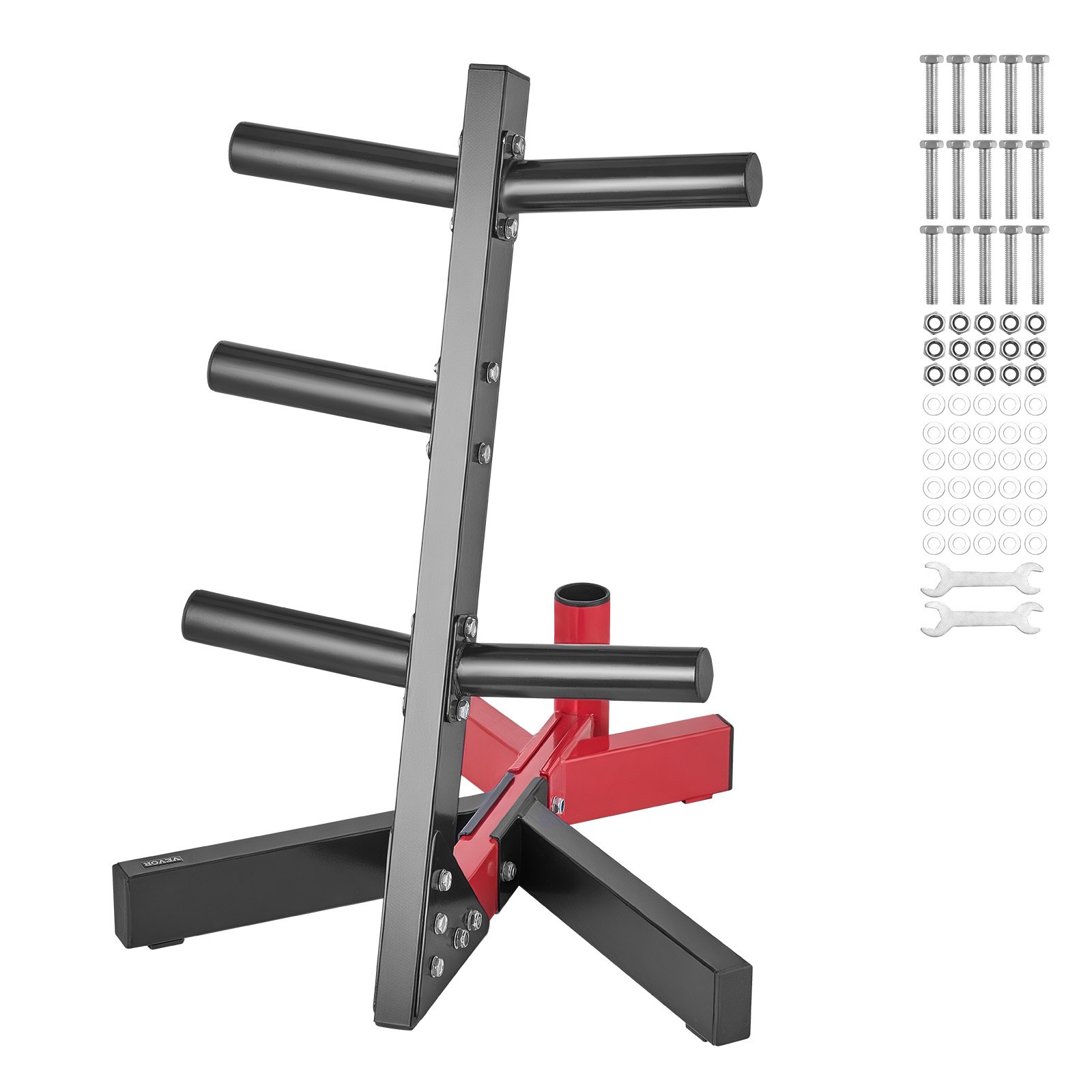 VEVOR Soporte para Discos de Pesas, Estructura en Forma de L, Carga de 227 kg, para Almacenar Discos de Pesas Estándar, Soporte para Barras de Gimnasio en Casa, Negro y Rojo, 630 x 625 x 825 mm