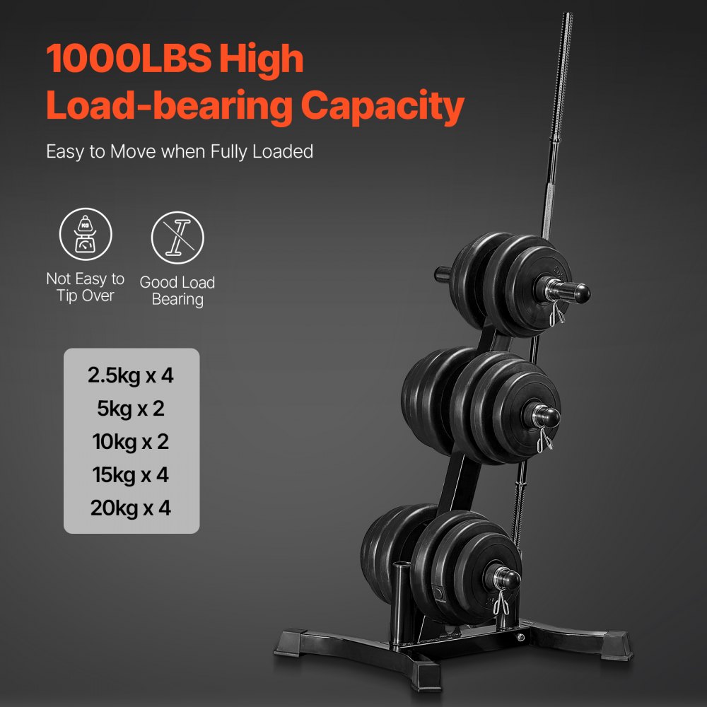 VEVOR Soporte para Discos de Pesas, Estructura en Forma de L, Carga de 454 kg, Soporte para Almacenar Discos de Pesas Estándar, Soporte para Barras de Gimnasio en Casa, Negro, 770 x 670 x 1025 mm