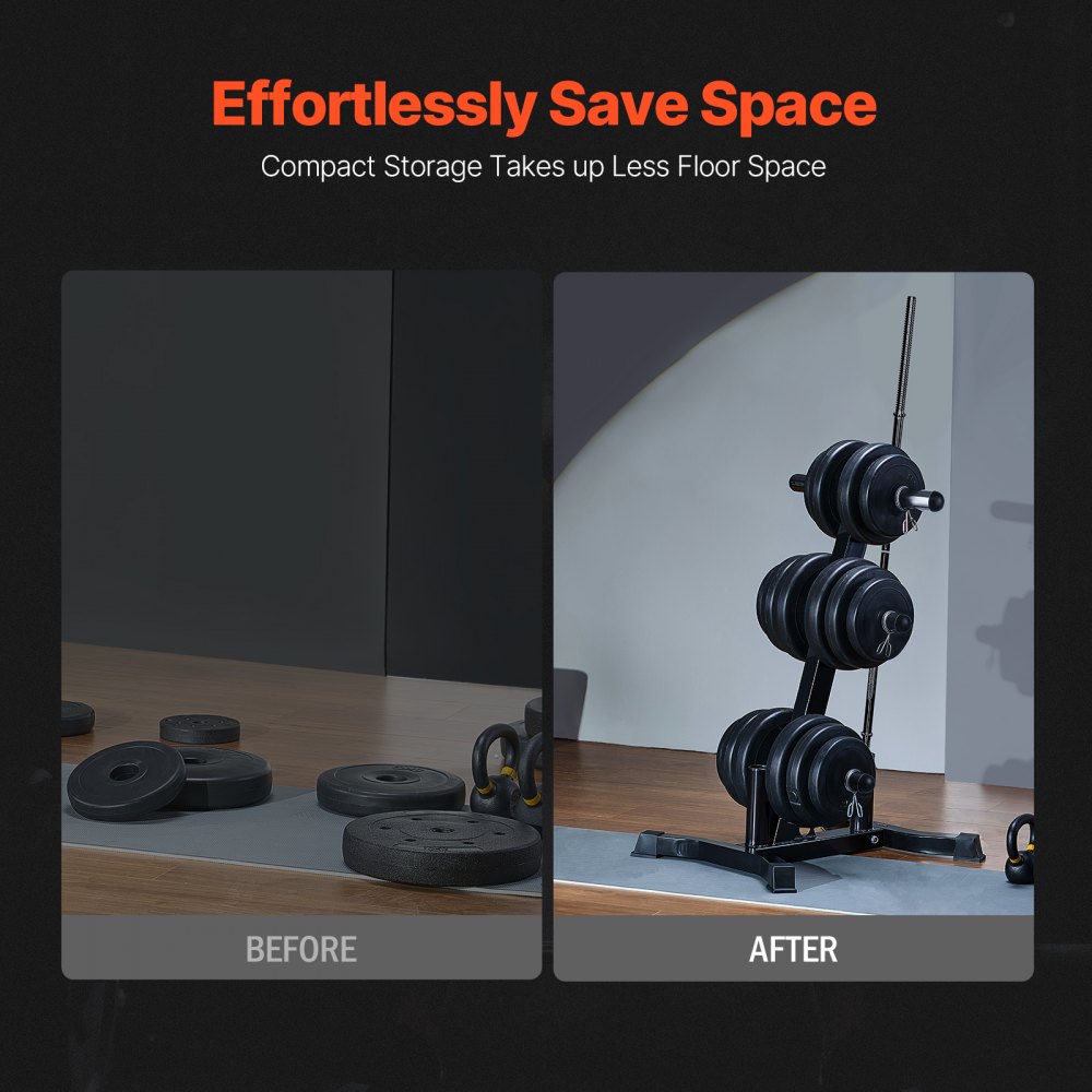 VEVOR Soporte para Discos de Pesas, Estructura en Forma de L, Carga de 454 kg, Soporte para Almacenar Discos de Pesas Estándar, Soporte para Barras de Gimnasio en Casa, Negro, 770 x 670 x 1025 mm