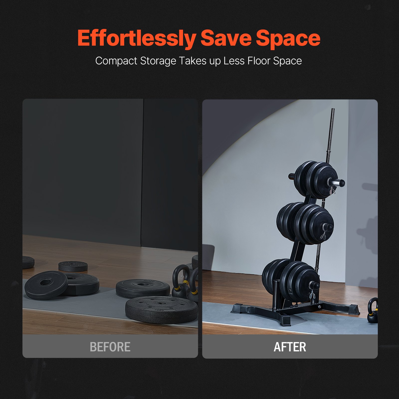 VEVOR Soporte para Discos de Pesas, Estructura en Forma de L, Carga de 454 kg, Soporte para Almacenar Discos de Pesas Estándar, Soporte para Barras de Gimnasio en Casa, Negro, 770 x 670 x 1025 mm
