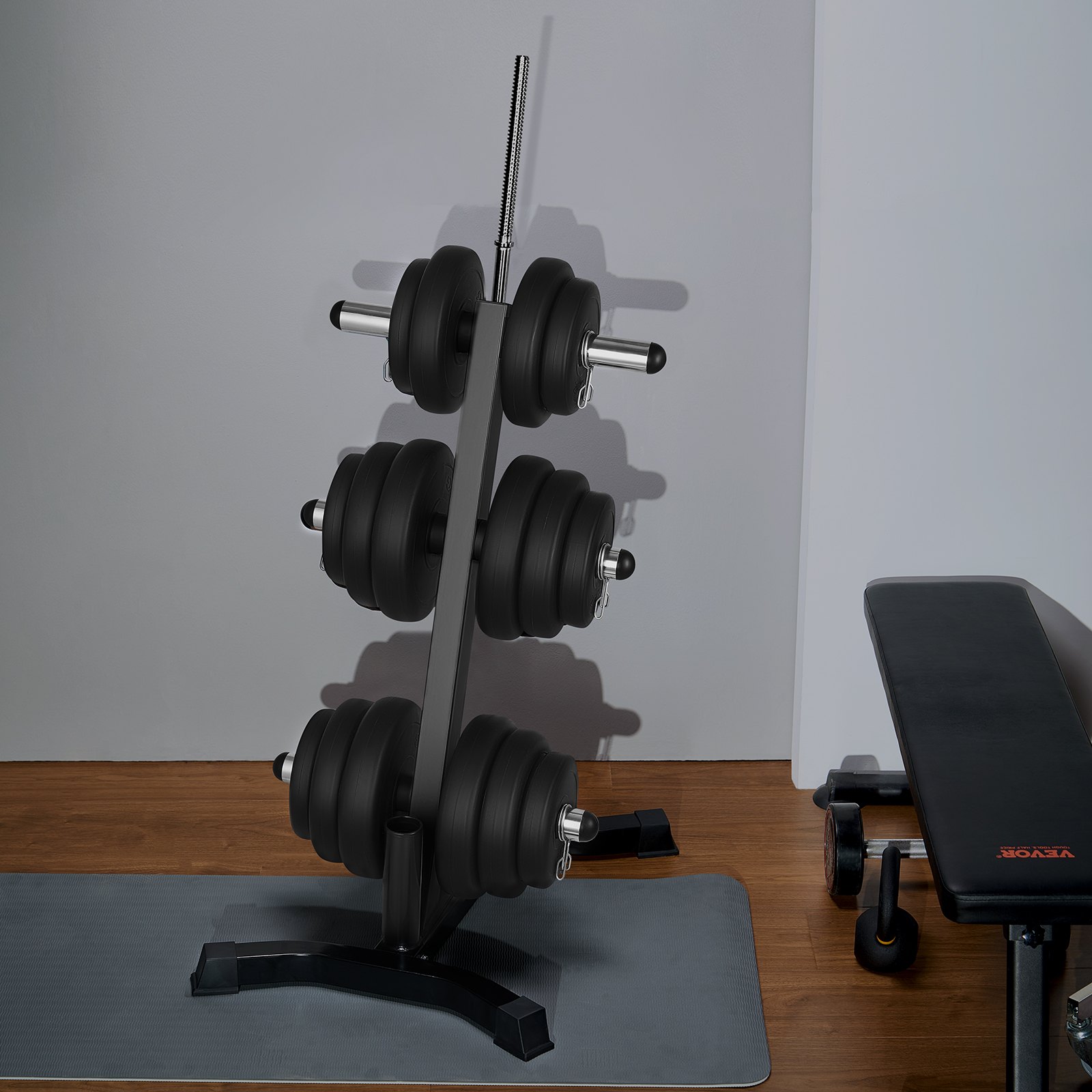VEVOR Soporte para Discos de Pesas, Estructura en Forma de L, Carga de 454 kg, Soporte para Almacenar Discos de Pesas Estándar, Soporte para Barras de Gimnasio en Casa, Negro, 770 x 670 x 1025 mm