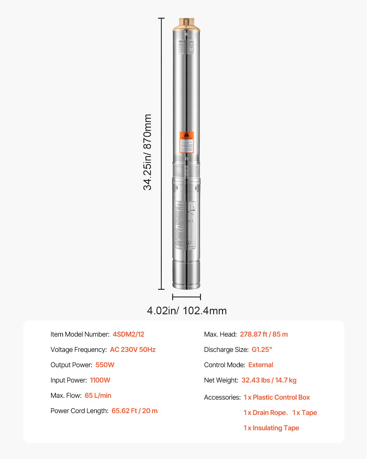 VEVOR Bomba Sumergible para Pozos Profundos con cable de 20 m, Caja de Control Externa Potencia de Salida 550 W Caudal de 65 L/min, Altura de Elevación de 85 m para Riego Industrial y Uso Doméstico
