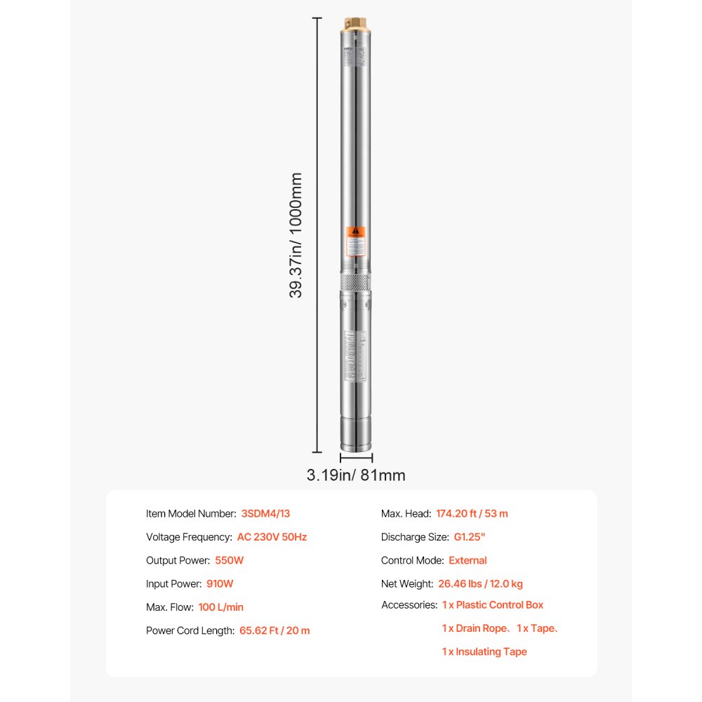 VEVOR deep well pump, 550 W output power, 100 L/min flow rate, 53 m delivery head, with 20 m cable, external control box, stainless steel water pump, for industrial irrigation and home use, IP68