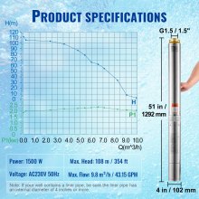 VEVOR Bomba Sumergible de Pozo Profundo de Acero Inoxidable 1500W 9,8 m³/h 108 m