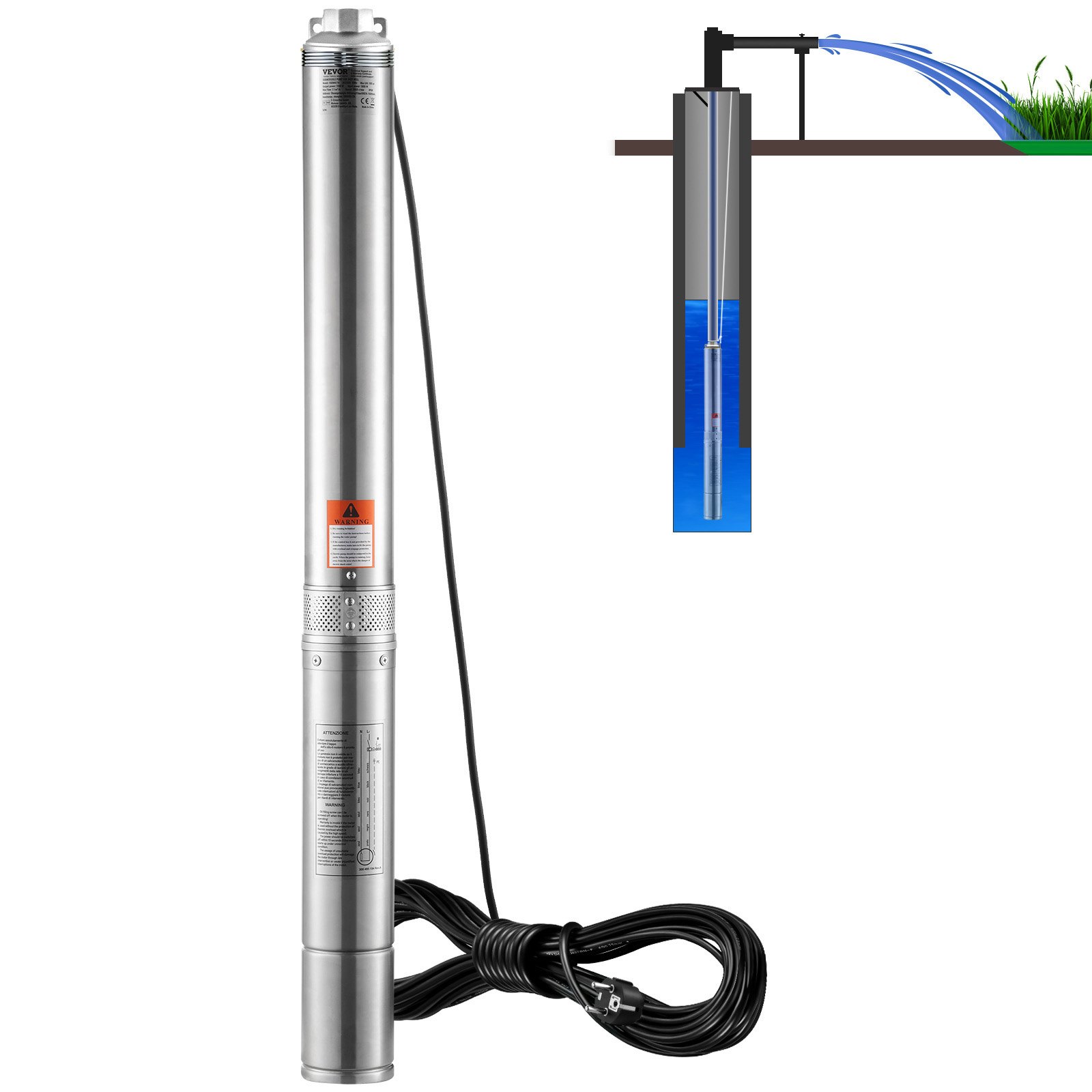 VEVOR Bomba Sumergible para Pozo Profundo, 2HP/1500W 230V/50Hz, 9,8 m³/h Caudal 108 m Cabezal, con Cable Eléctrico de 9,1 m, Bombas de Agua de Acero Inoxidable para Uso Industrial, Riego y Hogar, Grado Impermeable IP68
