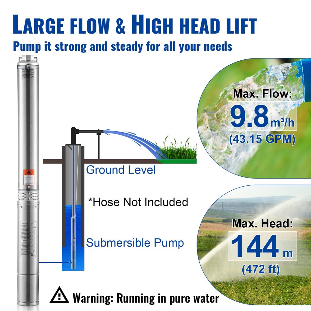 VEVOR Bomba Sumergible para Pozo Profundo, 3HP/2200W 230V/50Hz, 9,8 m³/h Caudal 144 m Cabezal, con Cable Eléctrico de 9,1 m, Bombas de Agua de Acero Inoxidable para Uso Industrial, Riego y Hogar, Grado Impermeable IP68