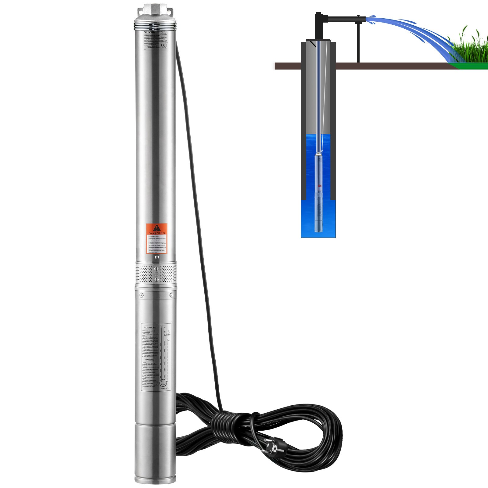 VEVOR Bomba Sumergible para Pozo Profundo, 3HP/2200W 230V/50Hz, 9,8 m³/h Caudal 144 m Cabezal, con Cable Eléctrico de 9,1 m, Bombas de Agua de Acero Inoxidable para Uso Industrial, Riego y Hogar, Grado Impermeable IP68