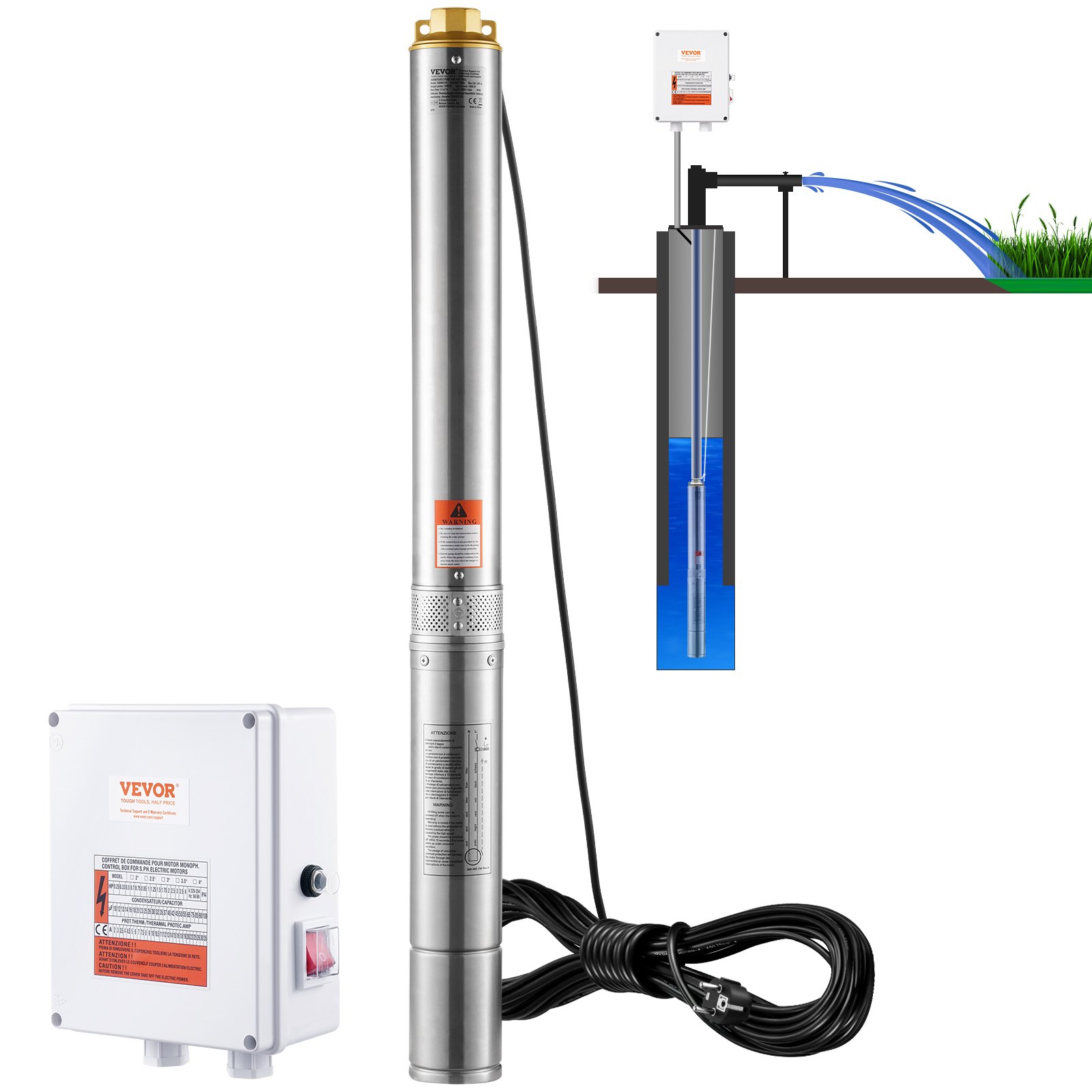 VEVOR Bomba Sumergible para Pozo Profundo, 2200W 230V, 9,8 m³/h Caudal 144 m Cabezal, con Cable de 19,4 m y Caja de Control Externa, Bombas de Agua de Acero Inoxidable para Riego Industrial y Uso Doméstico, IP68 a Prueba de Agua