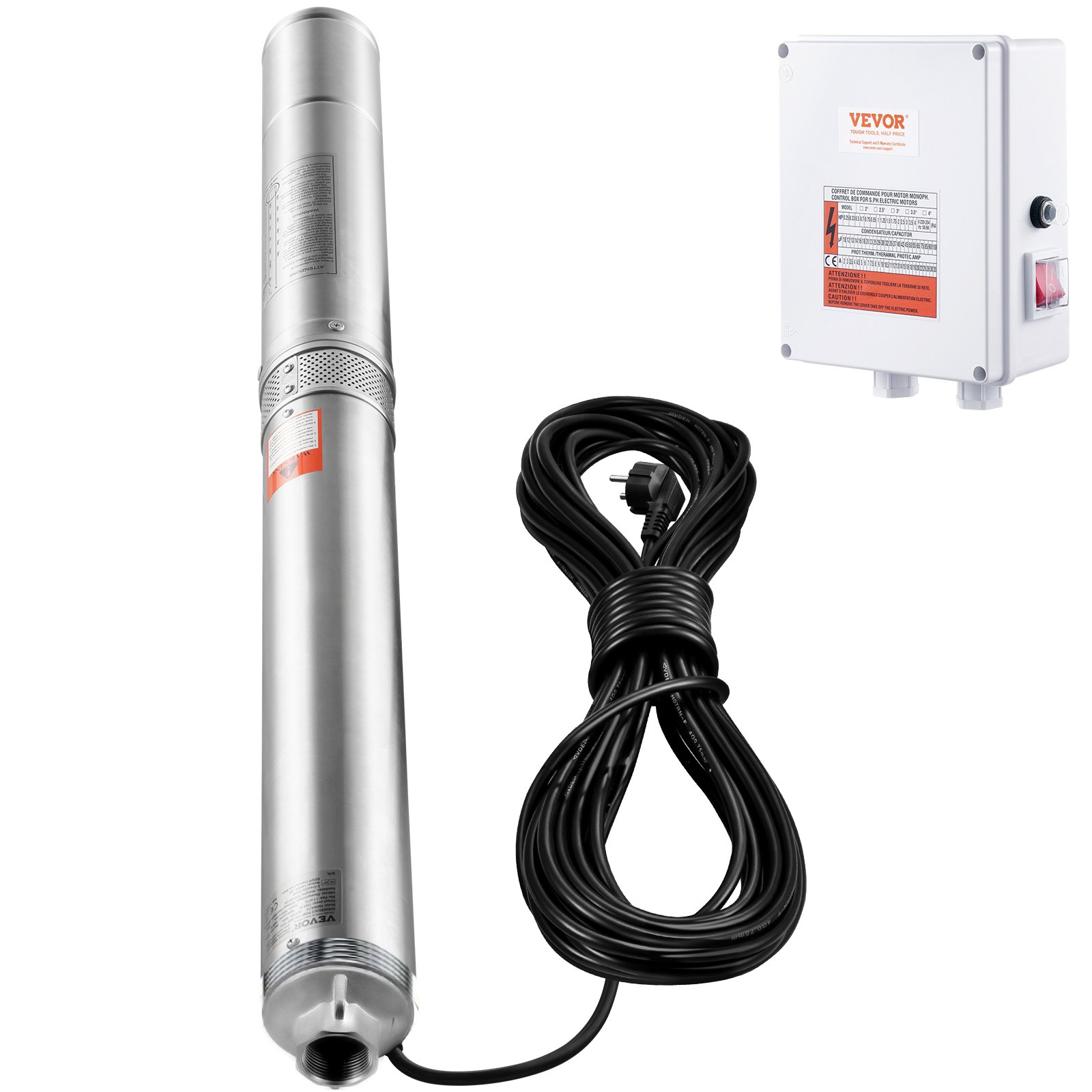 VEVOR Bomba Sumergible para Pozo Profundo, 2200W 230V, 9,8 m³/h Caudal 144 m Cabezal, con Cable de 19,4 m y Caja de Control Externa, Bombas de Agua de Acero Inoxidable para Riego Industrial y Uso Doméstico, IP68 a Prueba de Agua