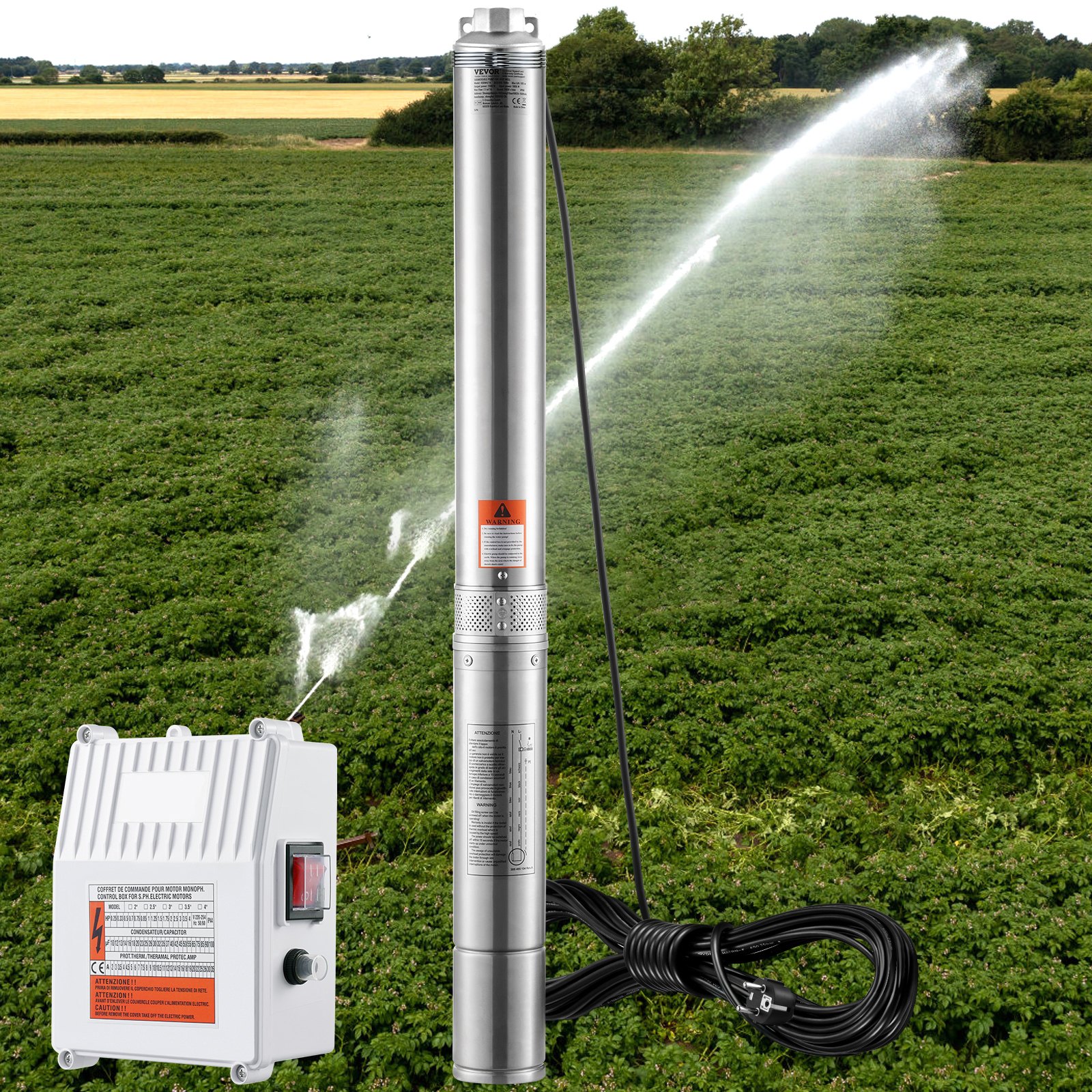 VEVOR Bomba Sumergible para Pozo Profundo, 1500W 230V 60Hz, 9,8 m³/h 108 m de Cabezal, con Cable de 19,4 m y Caja de Control Externa, Bombas de Agua de Acero Inoxidable para Uso Industrial, Riego y Doméstico, IP68 a Prueba de Agua