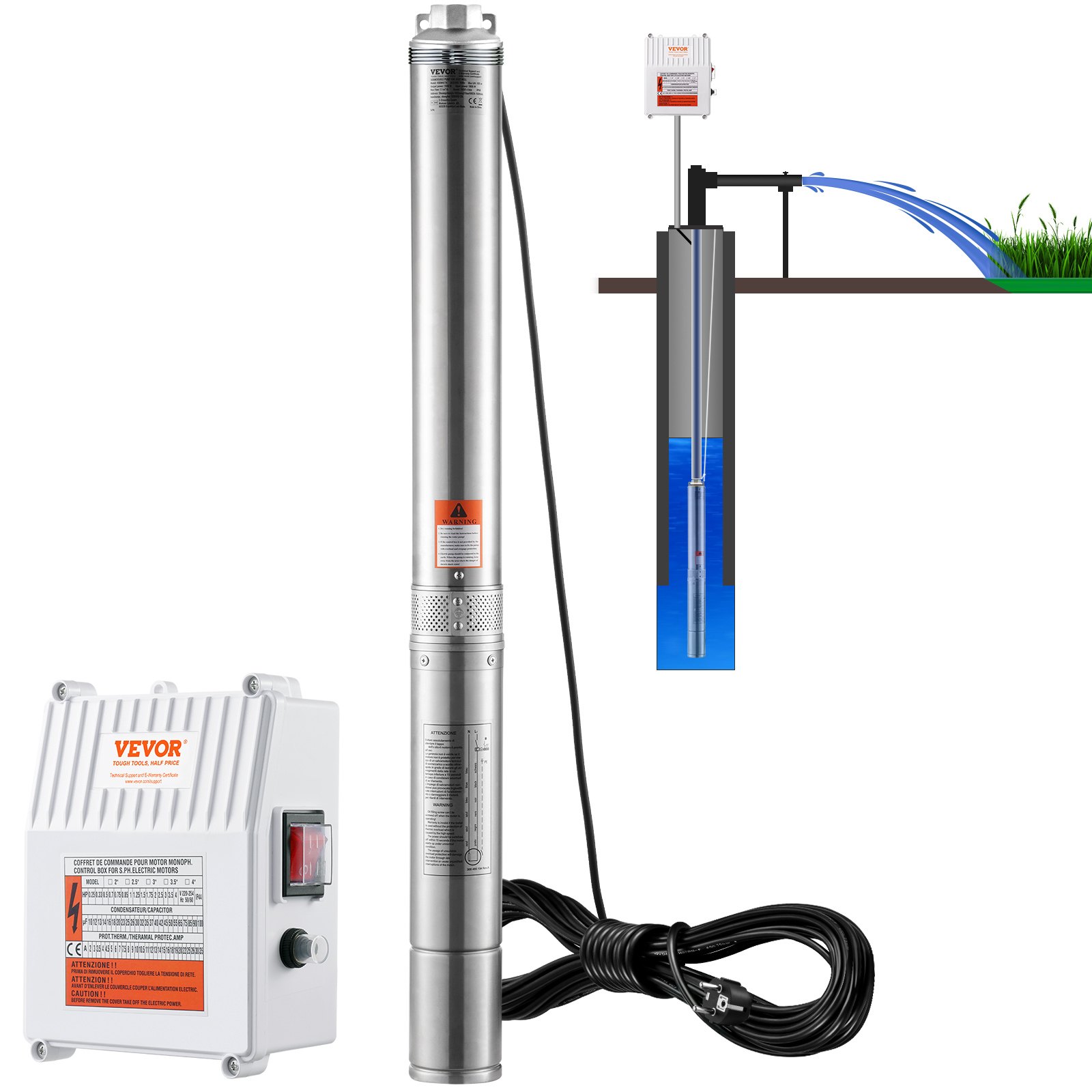 VEVOR Bomba Sumergible para Pozo Profundo, 1500W 230V 60Hz, 9,8 m³/h 108 m de Cabezal, con Cable de 19,4 m y Caja de Control Externa, Bombas de Agua de Acero Inoxidable para Uso Industrial, Riego y Doméstico, IP68 a Prueba de Agua