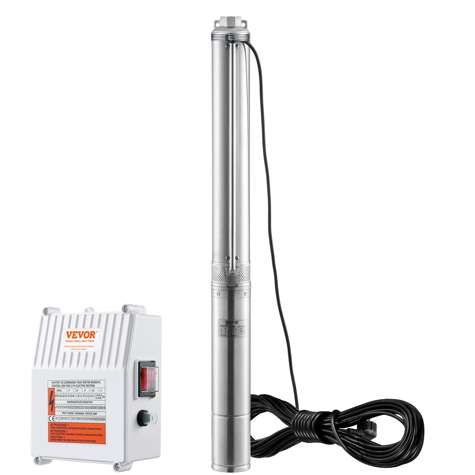 VEVOR Bomba Sumergible para Pozo Profundo, 1500W 230V 60Hz, 9,8 m³/h 108 m de Cabezal, con Cable de 19,4 m y Caja de Control Externa, Bombas de Agua de Acero Inoxidable para Uso Industrial, Riego y Doméstico, IP68 a Prueba de Agua