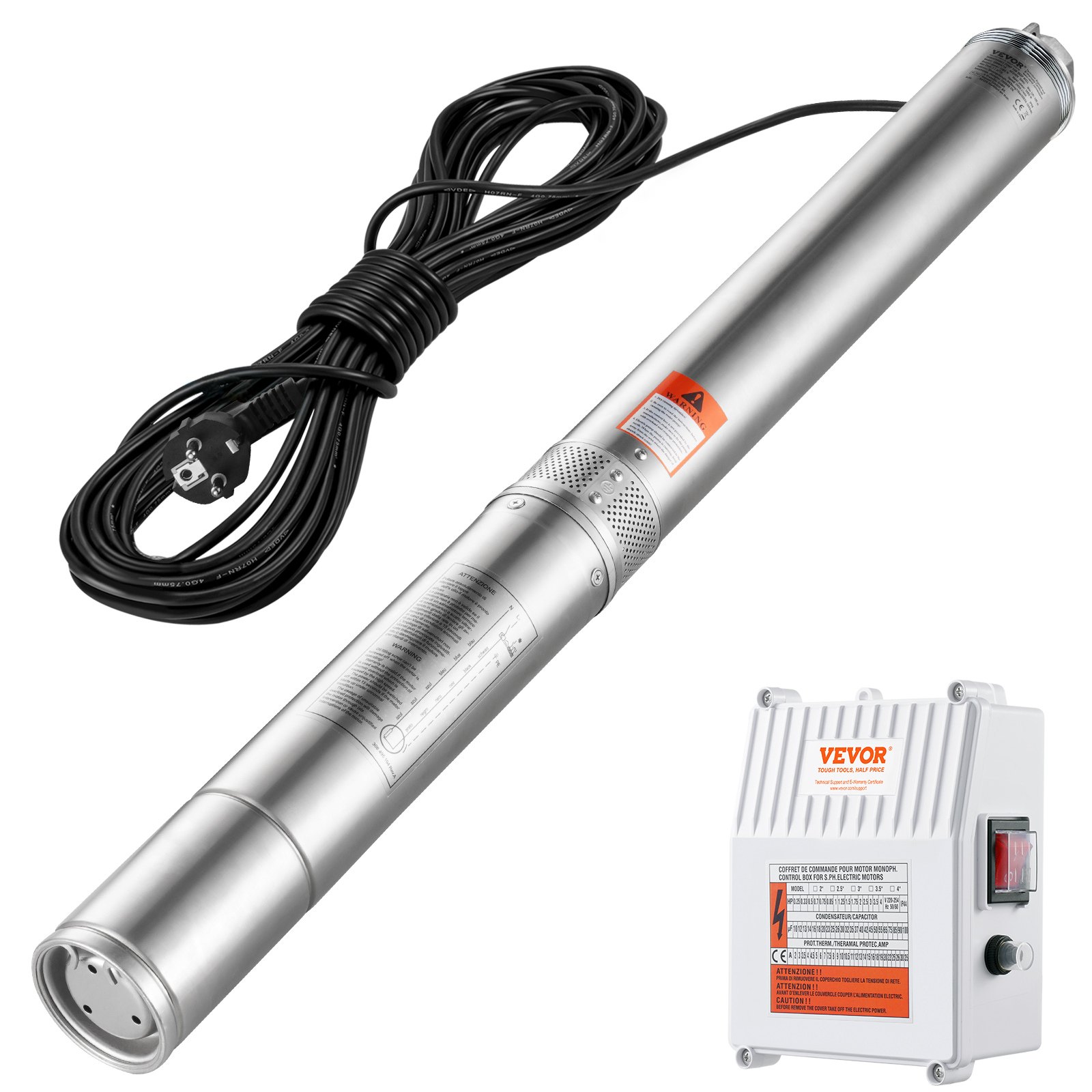 VEVOR Bomba Sumergible para Pozo Profundo, 1500W 230V 60Hz, 9,8 m³/h 108 m de Cabezal, con Cable de 19,4 m y Caja de Control Externa, Bombas de Agua de Acero Inoxidable para Uso Industrial, Riego y Doméstico, IP68 a Prueba de Agua