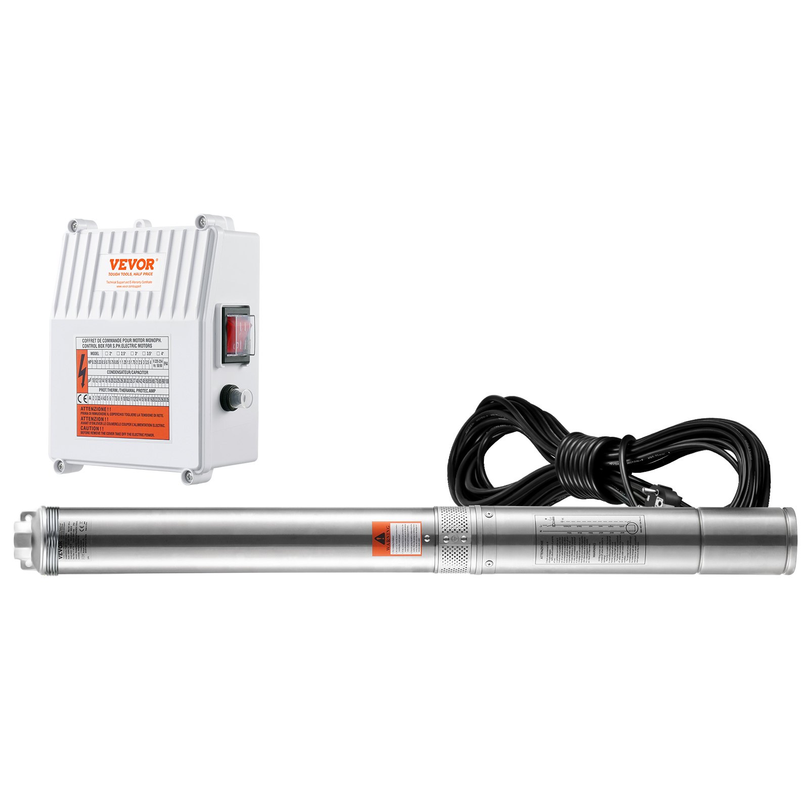 VEVOR Bomba Sumergible para Pozo Profundo, 1500W 230V 60Hz, 9,8 m³/h 108 m de Cabezal, con Cable de 19,4 m y Caja de Control Externa, Bombas de Agua de Acero Inoxidable para Uso Industrial, Riego y Doméstico, IP68 a Prueba de Agua