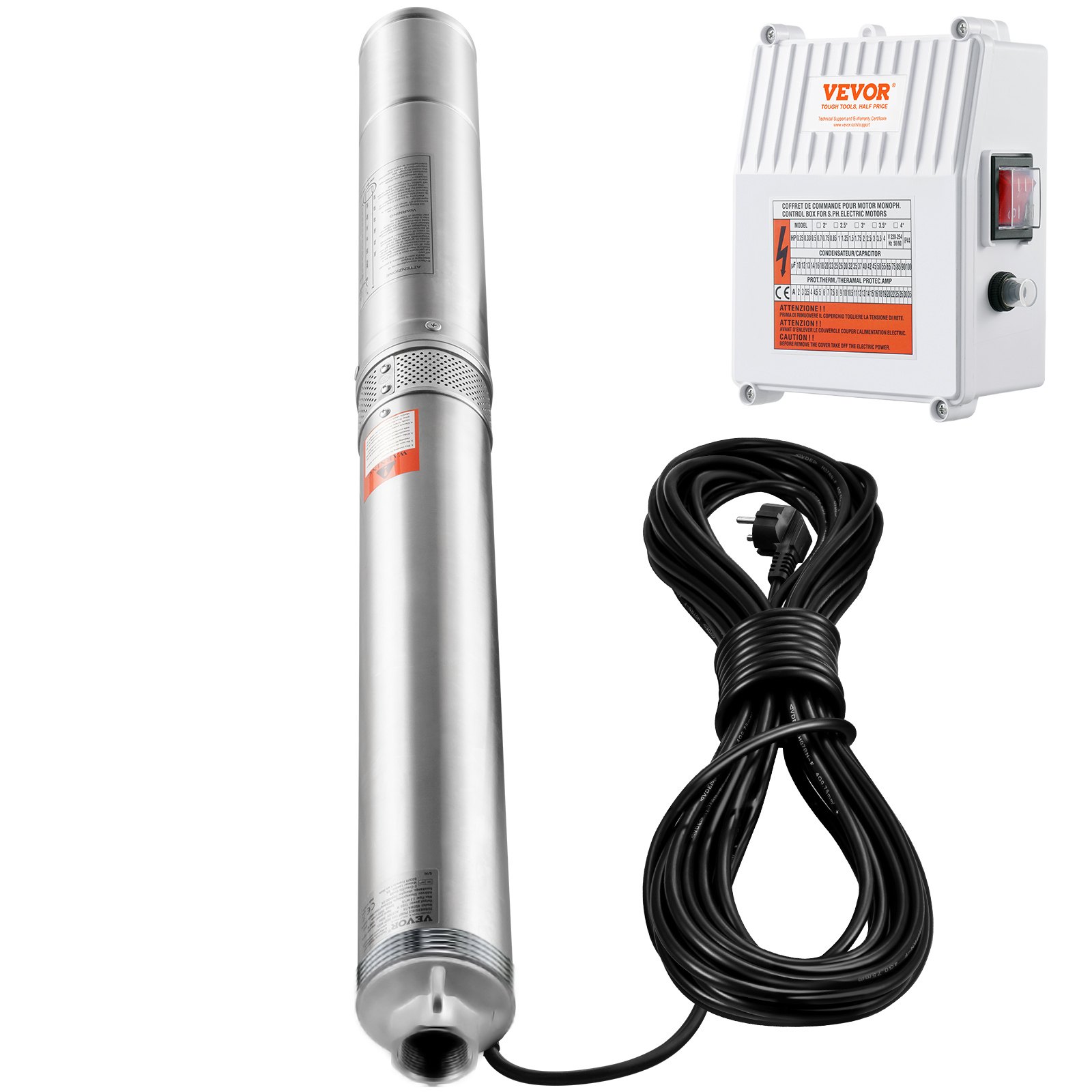 VEVOR Bomba Sumergible para Pozo Profundo, 1500W 230V 60Hz, 9,8 m³/h 108 m de Cabezal, con Cable de 19,4 m y Caja de Control Externa, Bombas de Agua de Acero Inoxidable para Uso Industrial, Riego y Doméstico, IP68 a Prueba de Agua