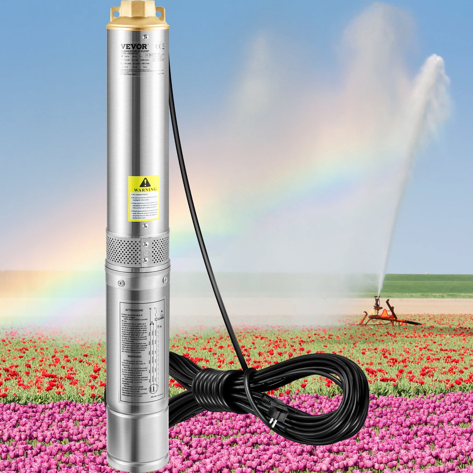 VEVOR 3" Deep Well Pump 750W Well Pump 100L/min Submersible Pump Max. Delivery Head 66m Pipe Pump 230V 50Hz Sand Pump IP68 Water Pump 16 Impeller Stages Pump Ideal for Irrigation or Water Supply